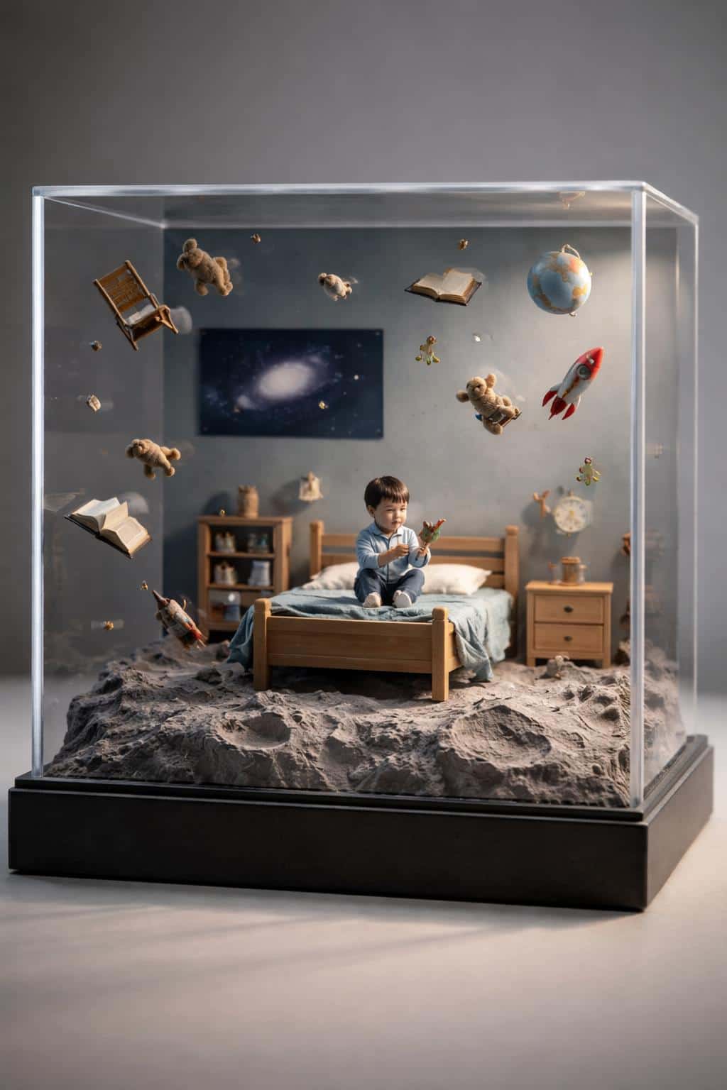 A detailed 3D render of a miniature boy in a glass-encased zero-gravity bedroom featuring lunar soil and floating toys for a whimsical collectible display.