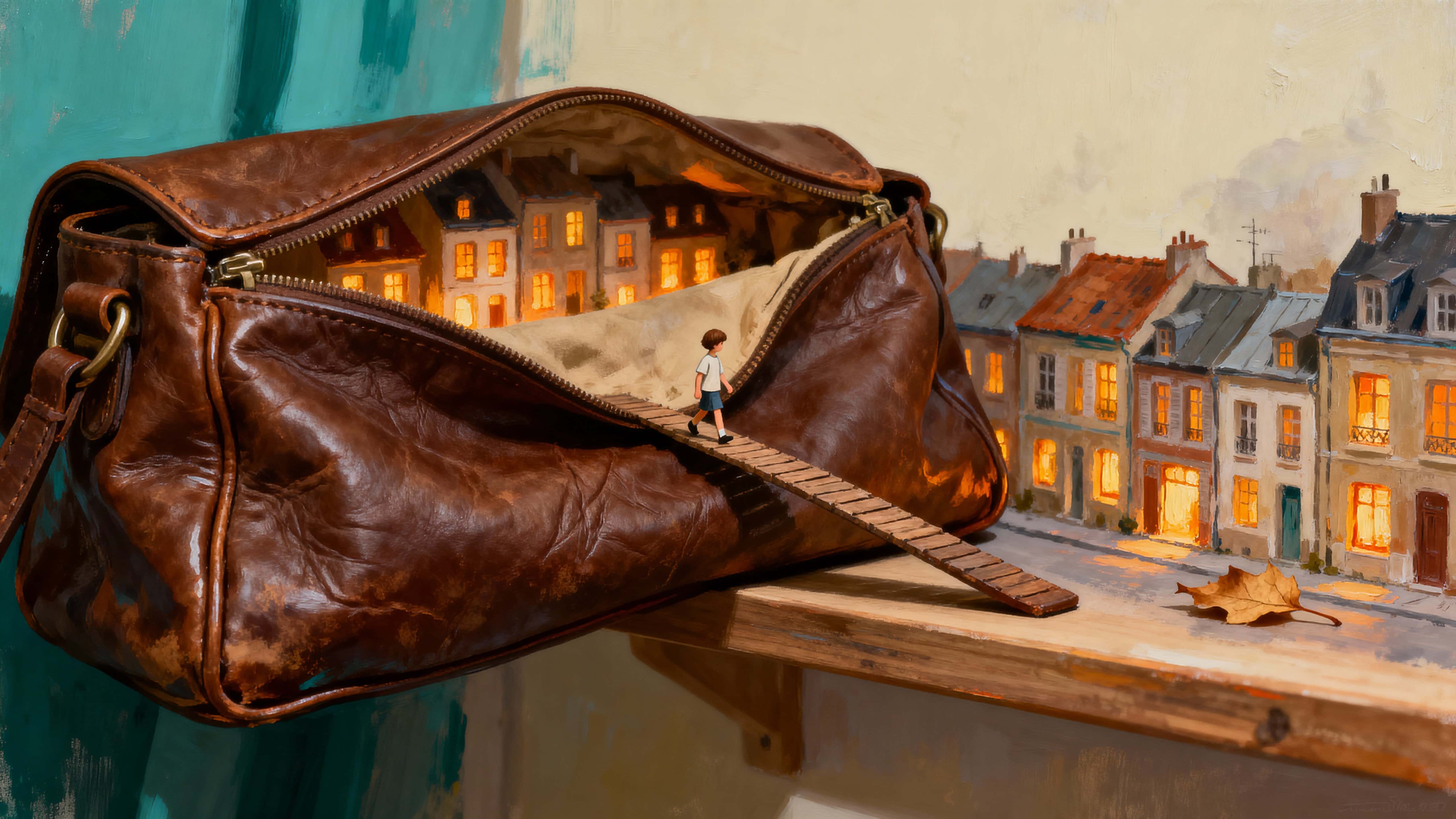 An open leather purse rests on a shelf in a quiet room, revealing a fully built tiny town with glowing windows and a small child crossing the strap like a bridge, captured in a warm, intimate scene.