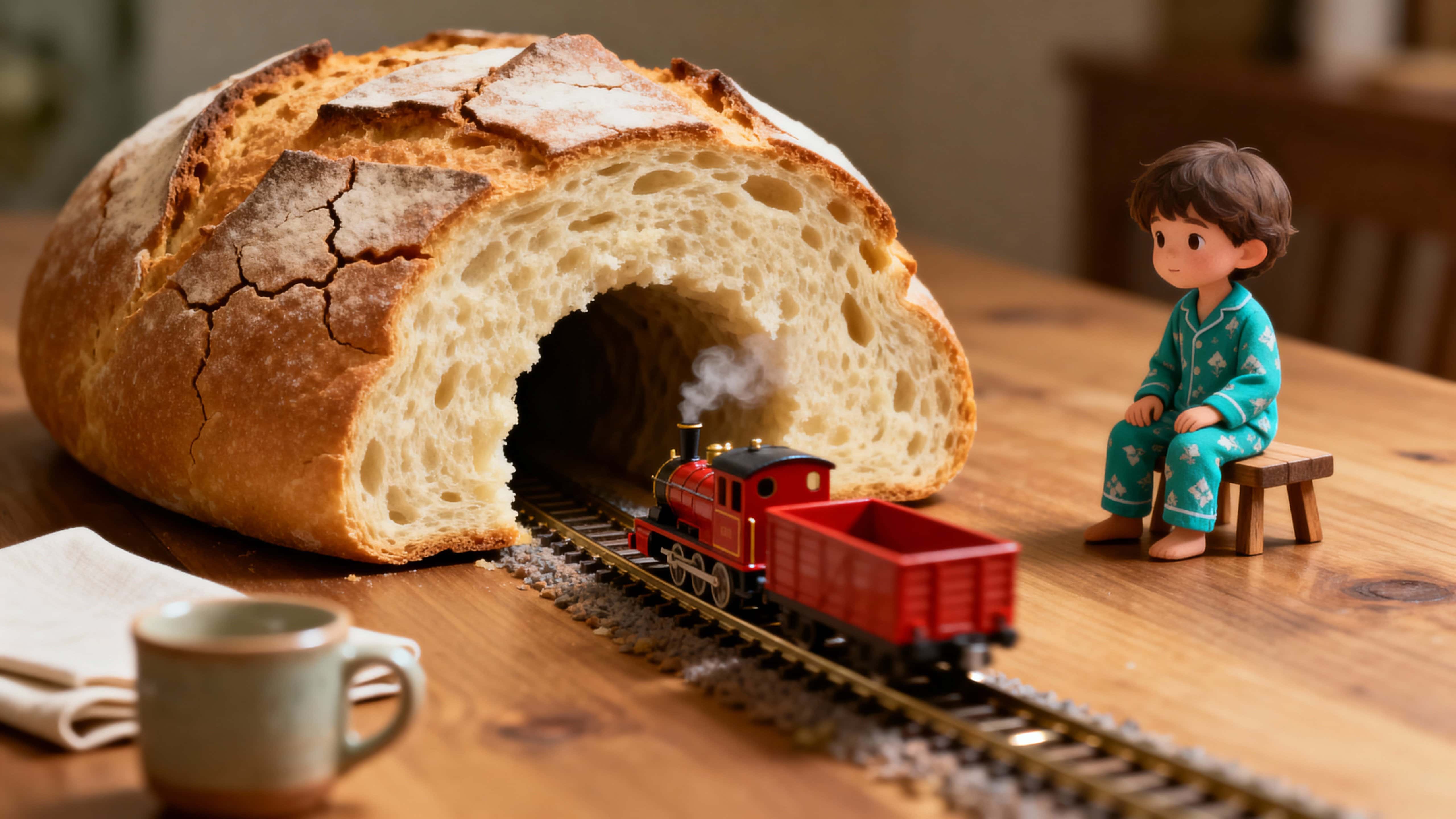 A warm, whimsical scene of a carved loaf housing a working miniature railway observed by a pajama-clad child, framed wide for cinematic 16:9 storytelling with soft golden light.