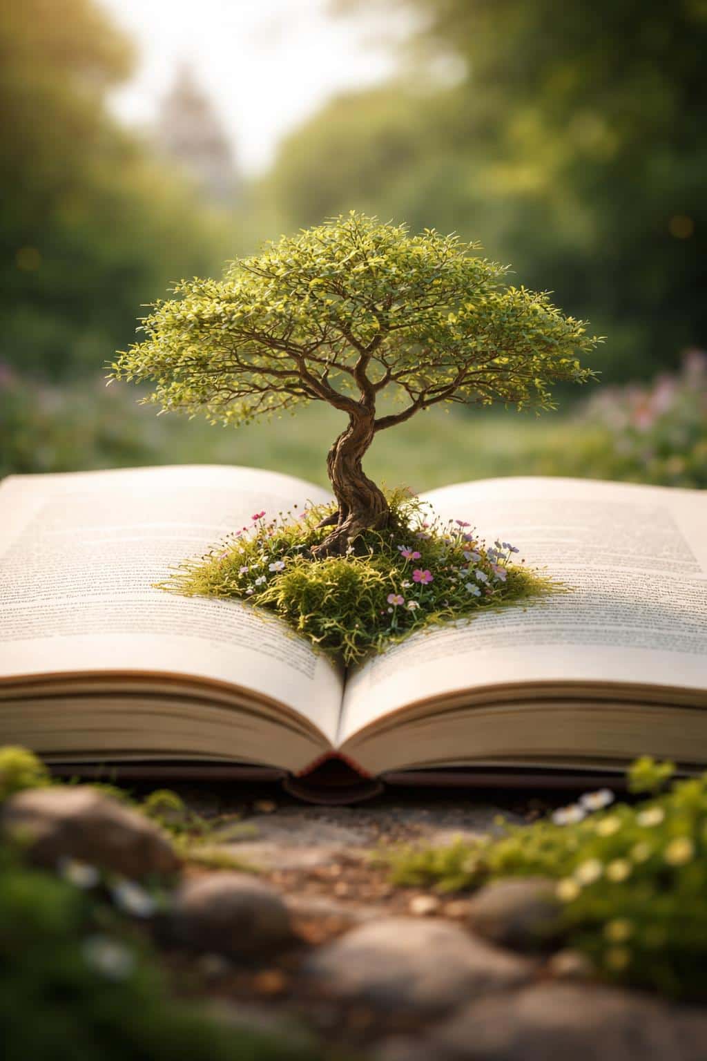 A whimsical 3D render of a tiny tree and wild flowers emerging from the pages of an open book in a soft garden setting, perfect for fantasy wallpapers.