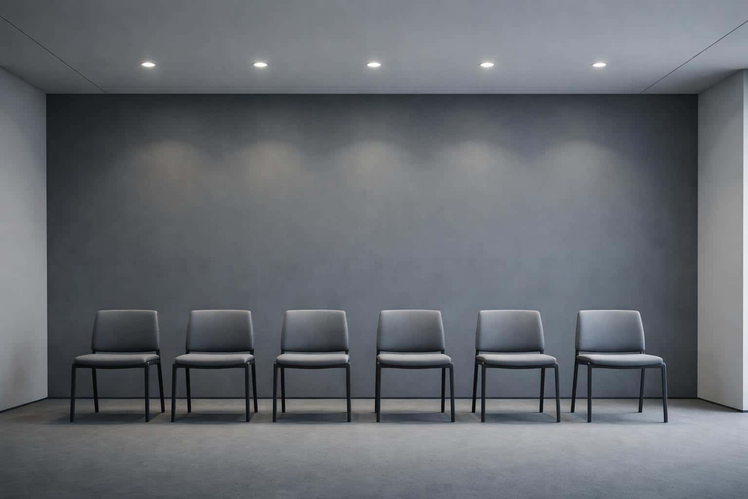 Minimal corporate interior photographed as a wide 3:2 composition with aligned chairs and ceiling lights, tight geometric framing and calm, neutral atmosphere for poster use.
