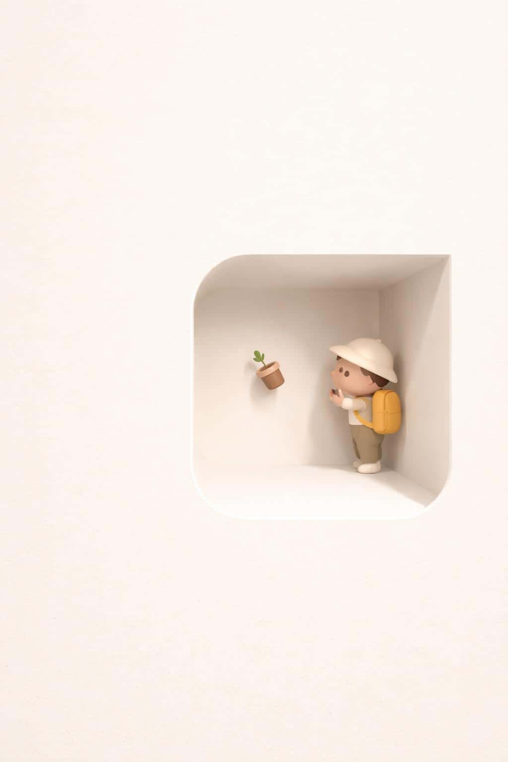 Portrait 2:3 scene of a soft cream panel with a rounded square cutout low-right revealing a rotated-gravity interior where a tiny 3D character holds a floating plant.