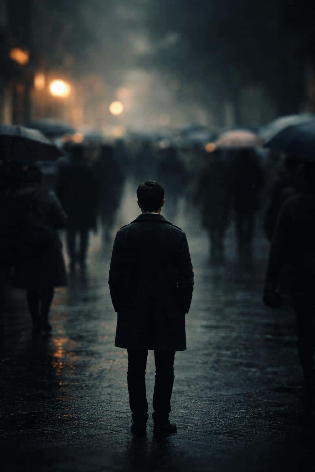 A minimal human figure stands isolated in a vertical 2:3 fine-art photograph, framed small against a deliberately blurred crowd and low-key atmosphere for poster use.