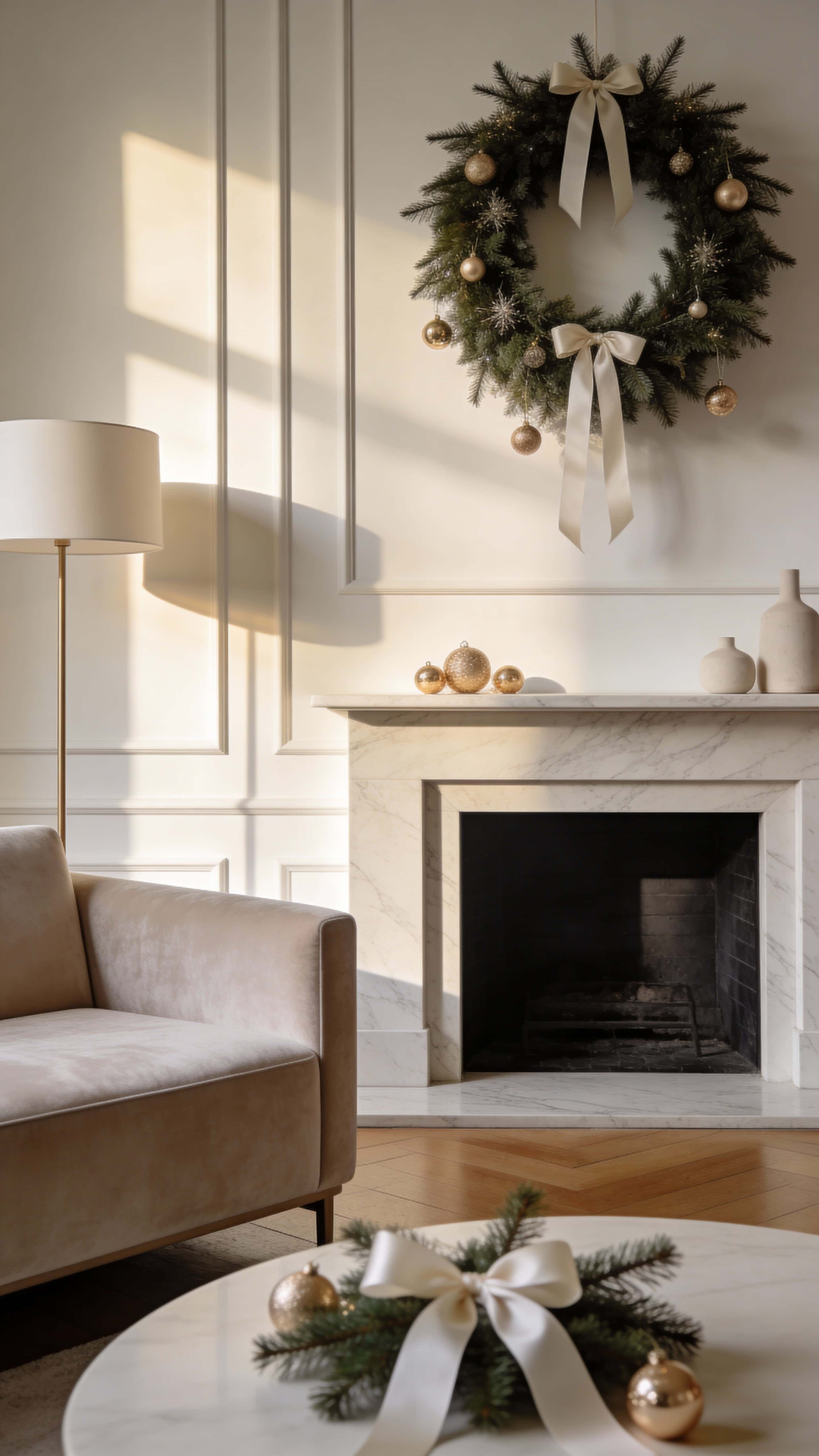 Vertical cinematic interior photograph of a minimal luxury living space with subtle Christmas decorations, neutral palette, soft shadows, and a calm festive mood.