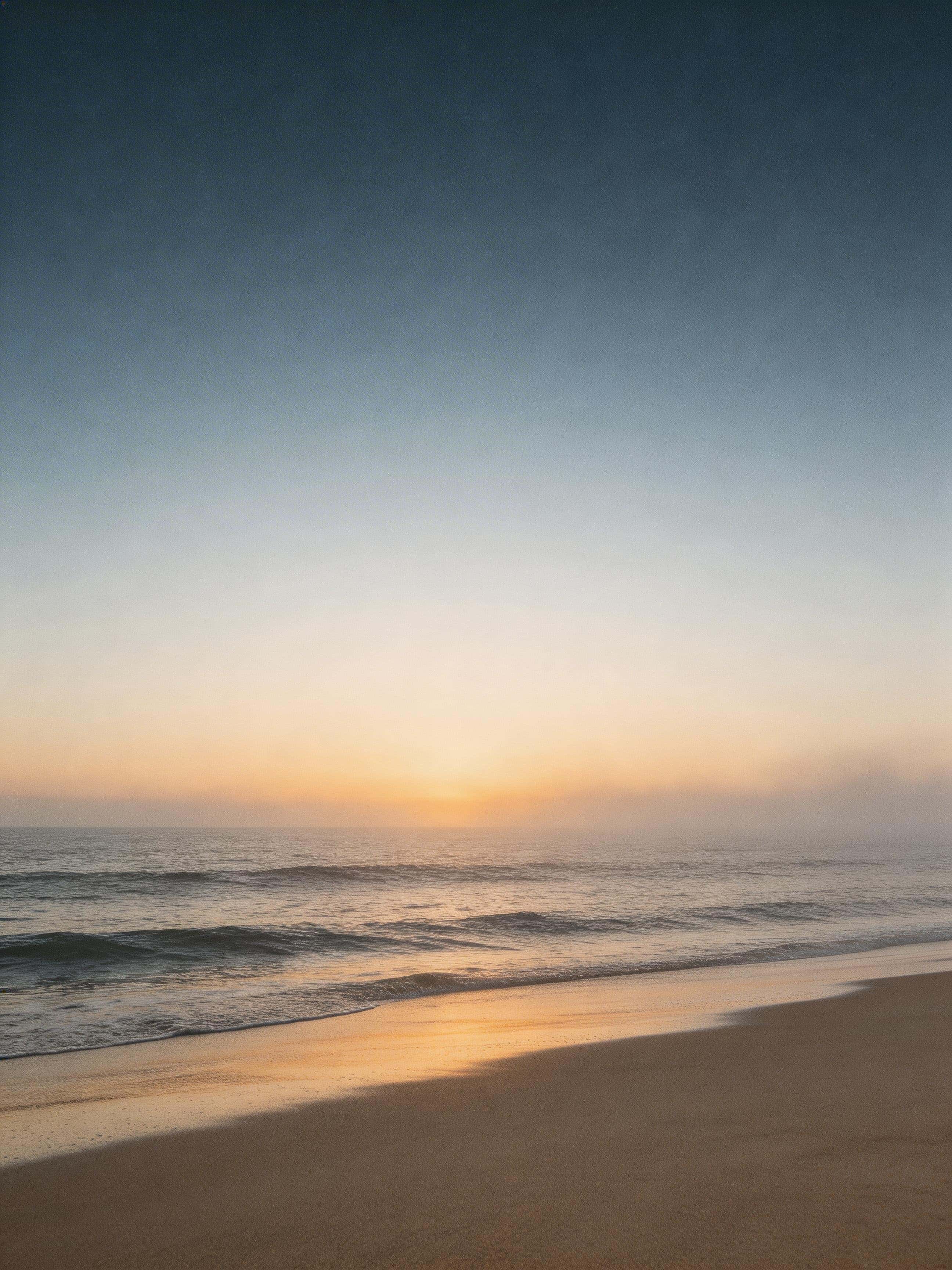 Vertical 3:4 cinematic editorial photo of a minimal sunrise beach with bright lower-horizon glow, upper blue-hour haze, subtle mist, realistic texture, and light film grain.