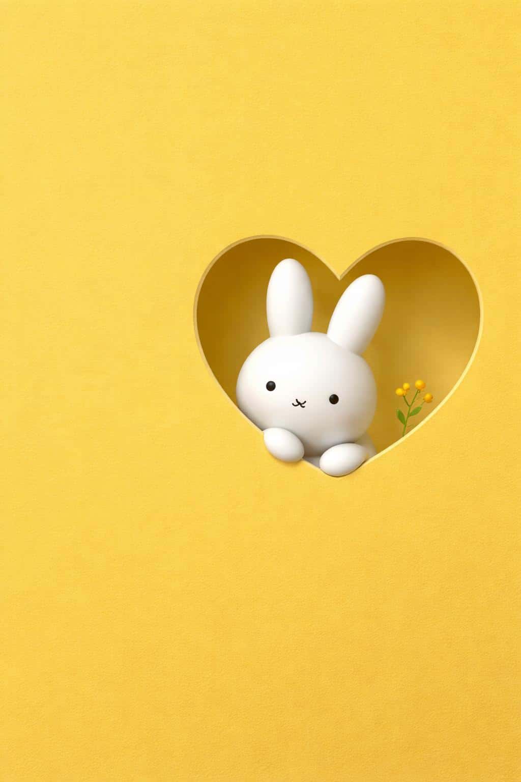 A minimalist white rabbit character peeks through a heart-shaped cutout on a vibrant yellow surface in this clean 3D rendered wallpaper for mobile devices.