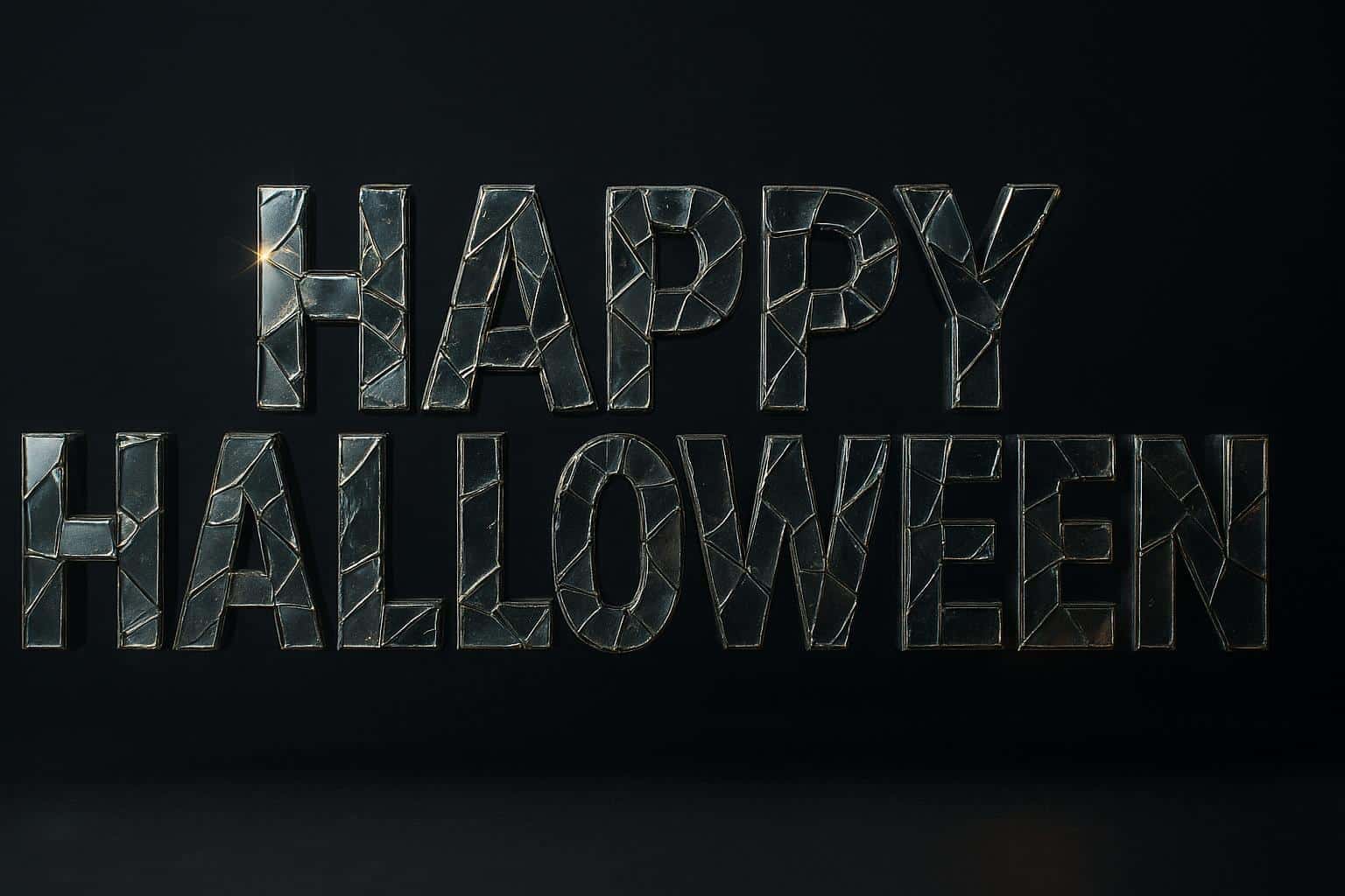 Uppercase "HAPPY HALLOWEEN" built from arranged mirror shards that catch highlights and fragment a dim room into metallic reflections, with subtle dust and fingerprints for realism.