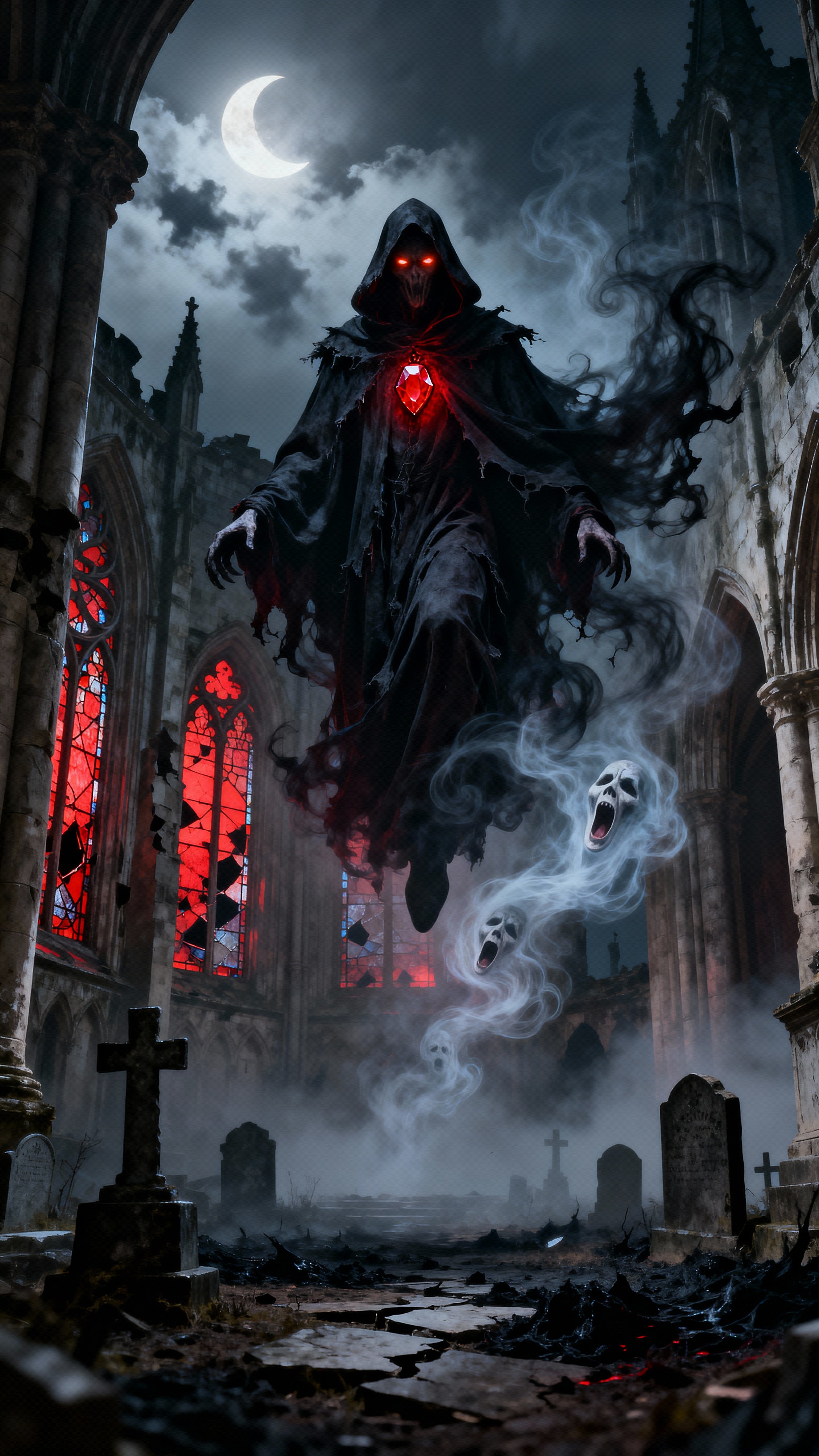 A hyper-realistic Mismagius hovers ominously above a desolate cathedral ruin at midnight. Its tattered, flowing cloak-like form billows unnaturally, edges dissolving into swirling black mist. The blood-red gemstone on its chest pulses, cast