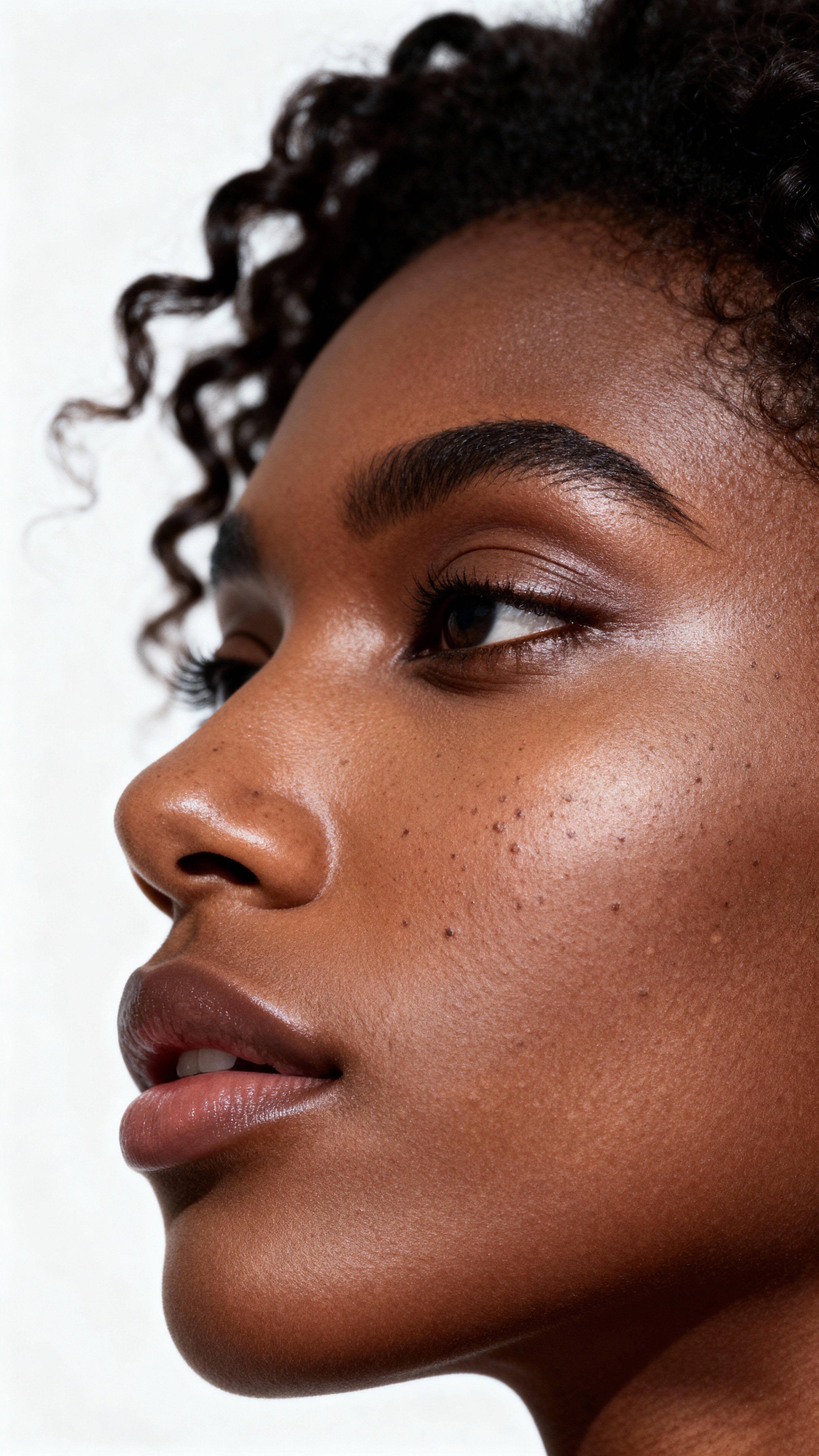 Extreme close-up portrait of an extremely dark-skinned curly-haired model for a skincare editorial, studio-profile crop (9:16) showing deep-ebony skin with mid-bronze and warm-caramel highlights, soft-pink undertones, and a soft-ivory white