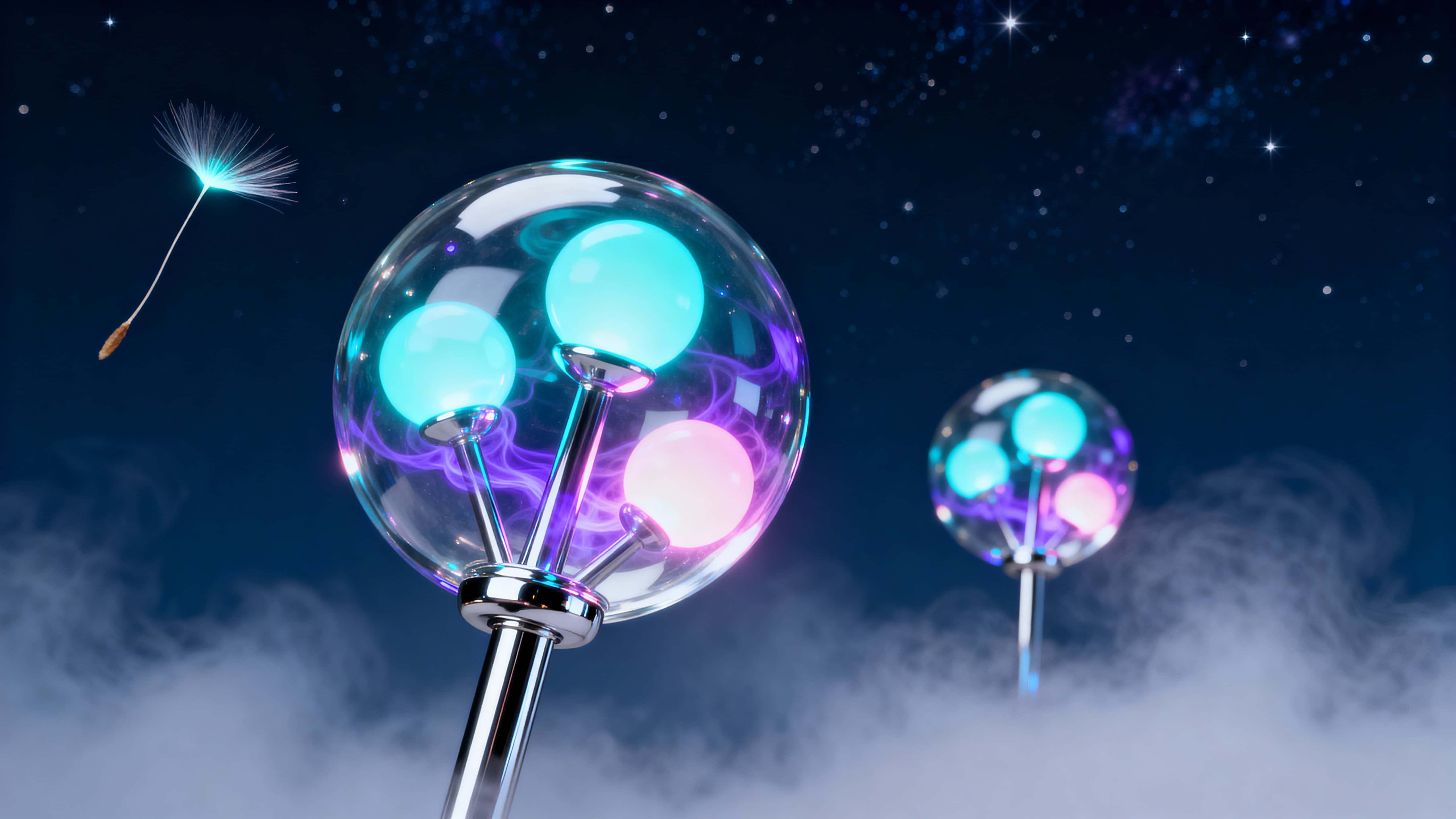 Translucent glass orb plants with chrome stems float in zero gravity, each emitting soft plasma light amid swirling mist and a cosmic backdrop for photoreal effect.