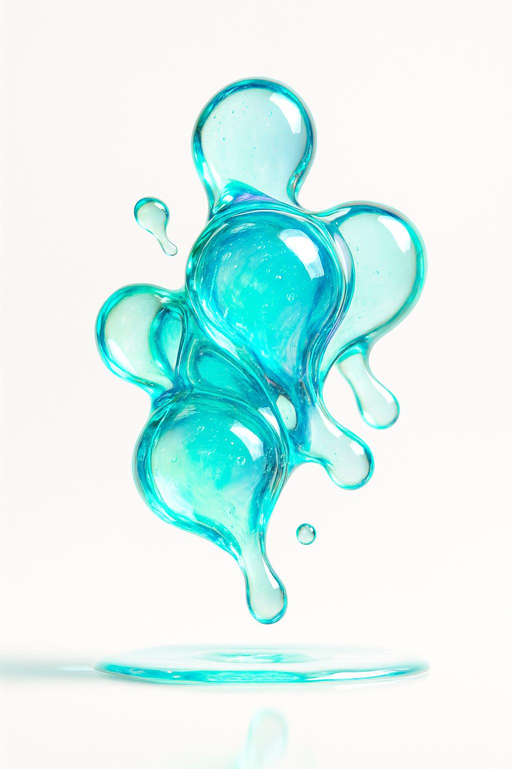 Clustered liquid-glass forms float in a pristine white studio, their contours blurring and folding like molten crystal. Subtle cyan and green veins pulse at edges while faint violet glints puncture highlights, producing an abstract, high-key composition that feels both scientific and dreamlike.