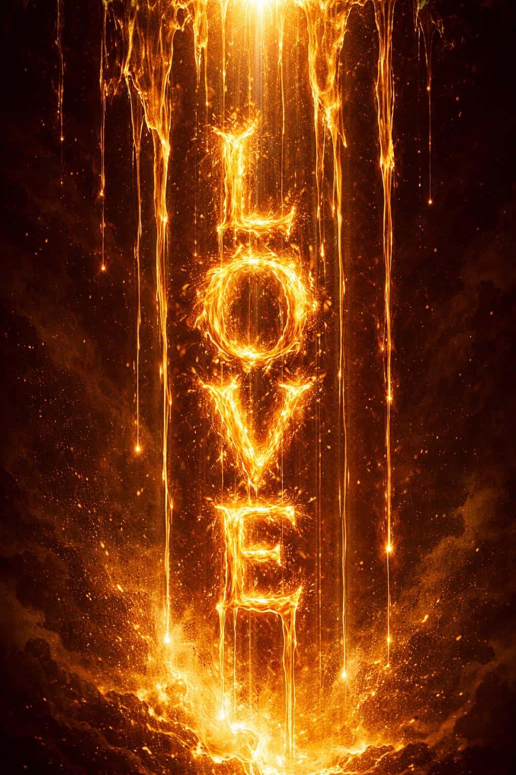 Vertical 2:3 surreal scene of viscous molten gold cascading from above to form a stacked 'L O V E' against a deep crimson void veiled in golden mist.