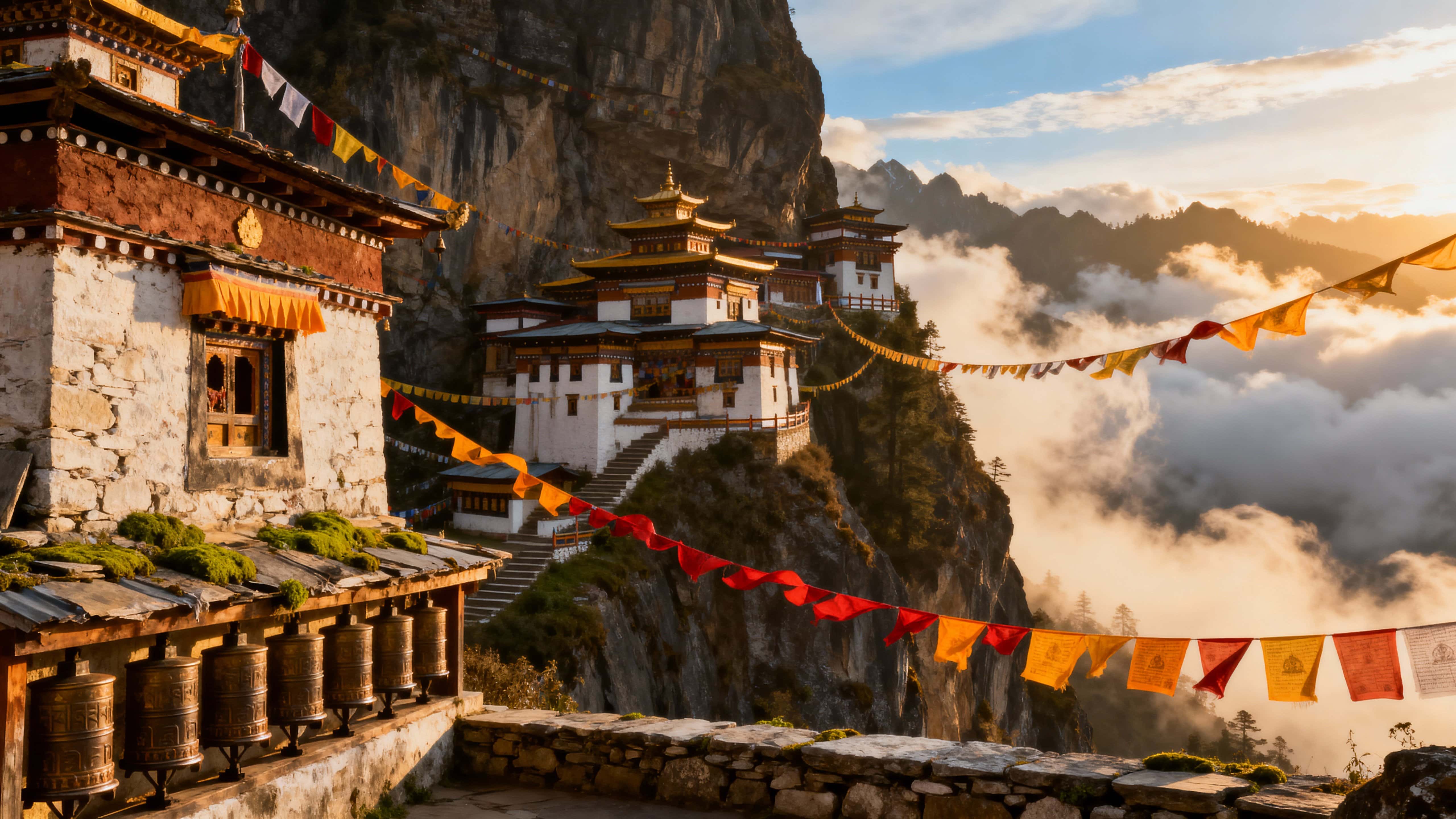 An ancient Buddhist monastery clings to a Himalayan cliff at golden sunrise, prayer flags fluttering through swirling clouds, framed and cropped for a cinematic 16:9 editorial view.