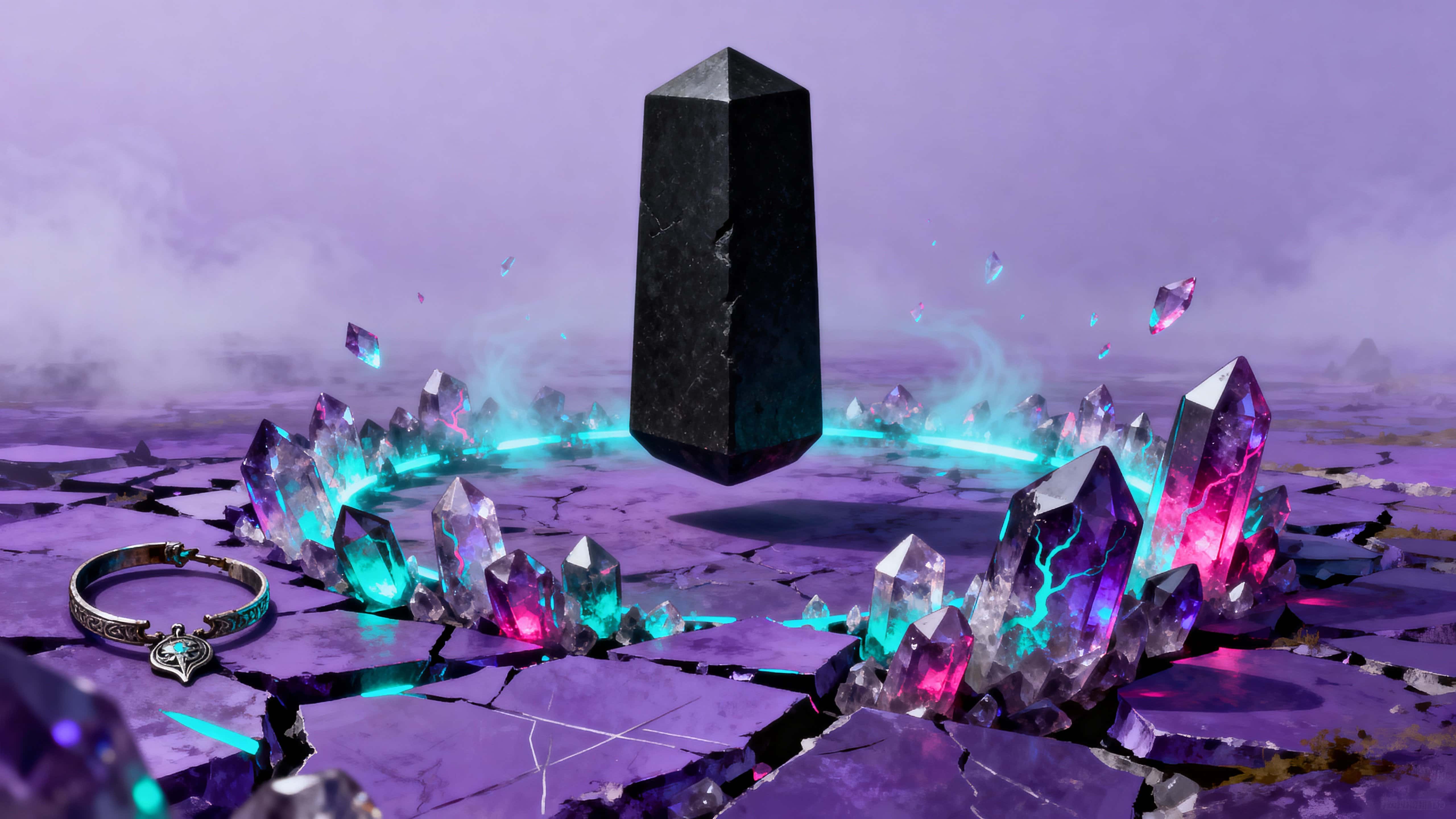 A floating black monolith hovers over a bed of violet crystal shards that pulse with neon cyan and magenta light, framed tightly within a cinematic 16:9 ratio for a dramatic, otherworldly scene.
