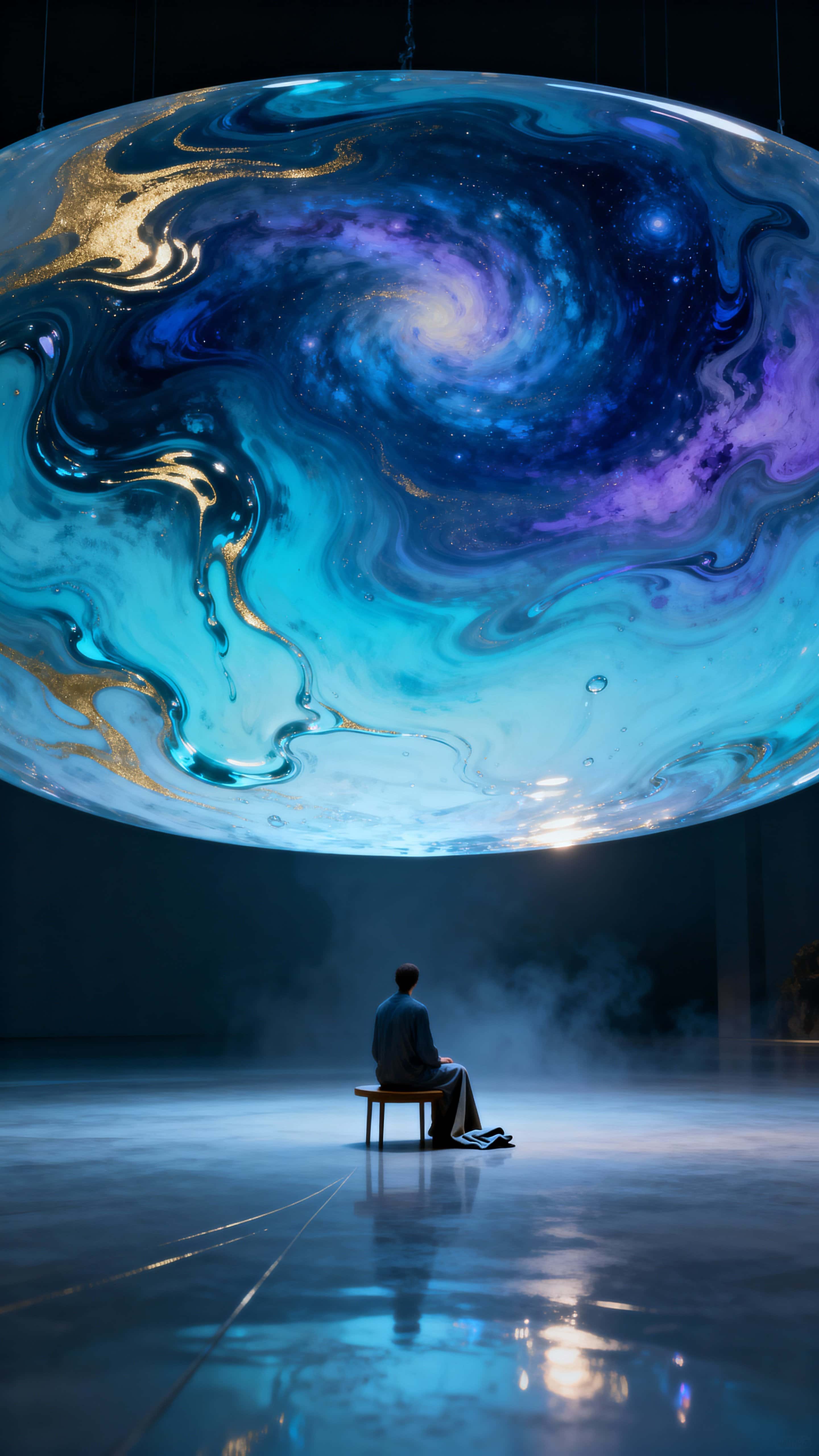 A hovering oval monolith of liquid light reflects a distorted galaxy within while a solitary figure sits beneath, framed in a tall portrait crop that feels quiet and reverent.
