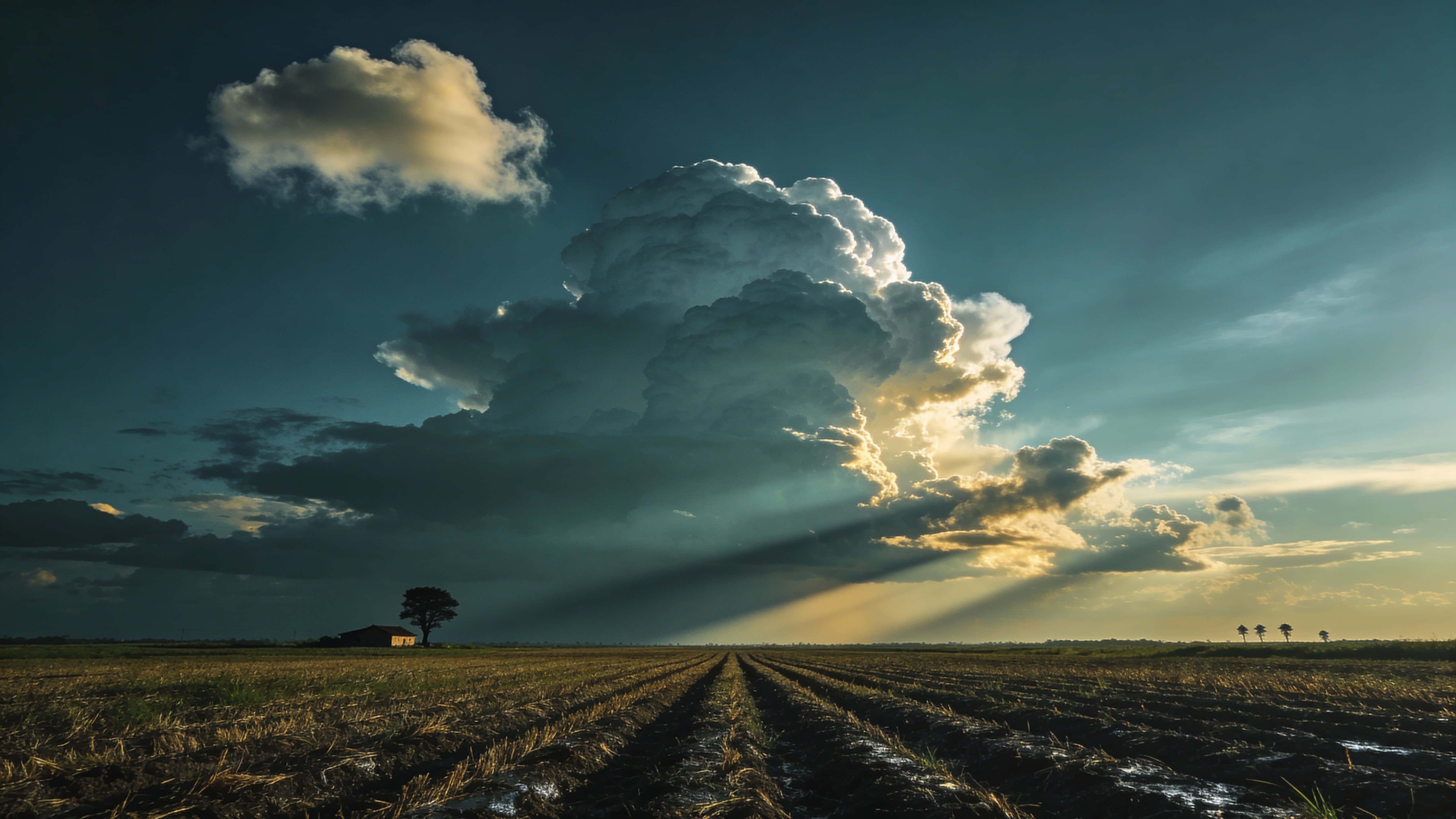 Monsoon clouds tower over wide agricultural fields in a cinematic 16:9 landscape photograph, with dramatic low-key lighting and ample negative space for a wallpaper composition.