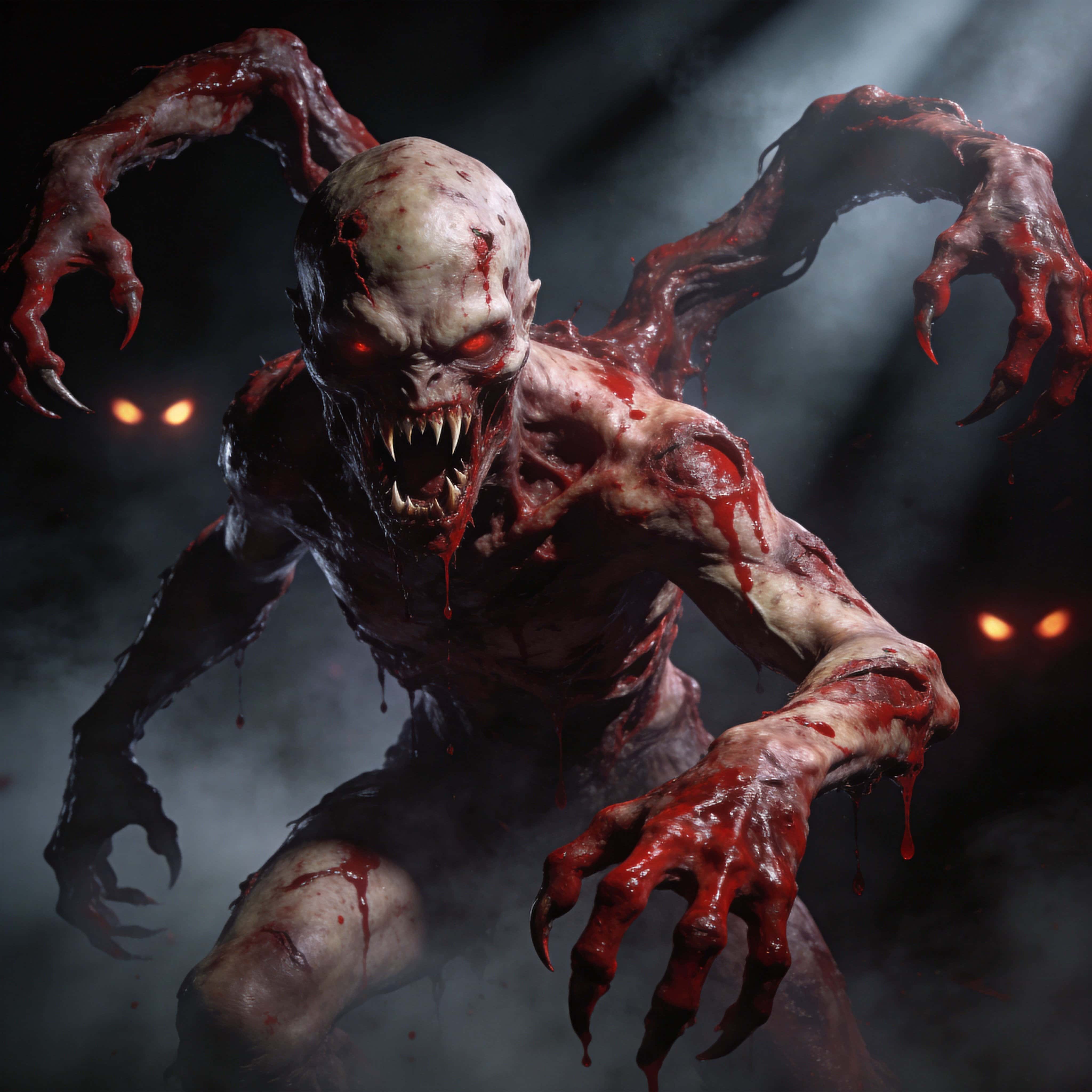 Close-up square portrait of a blood-stained grotesque monster centered in frame, with realistic skin texture, high-contrast horror lighting and a dark, foggy background.