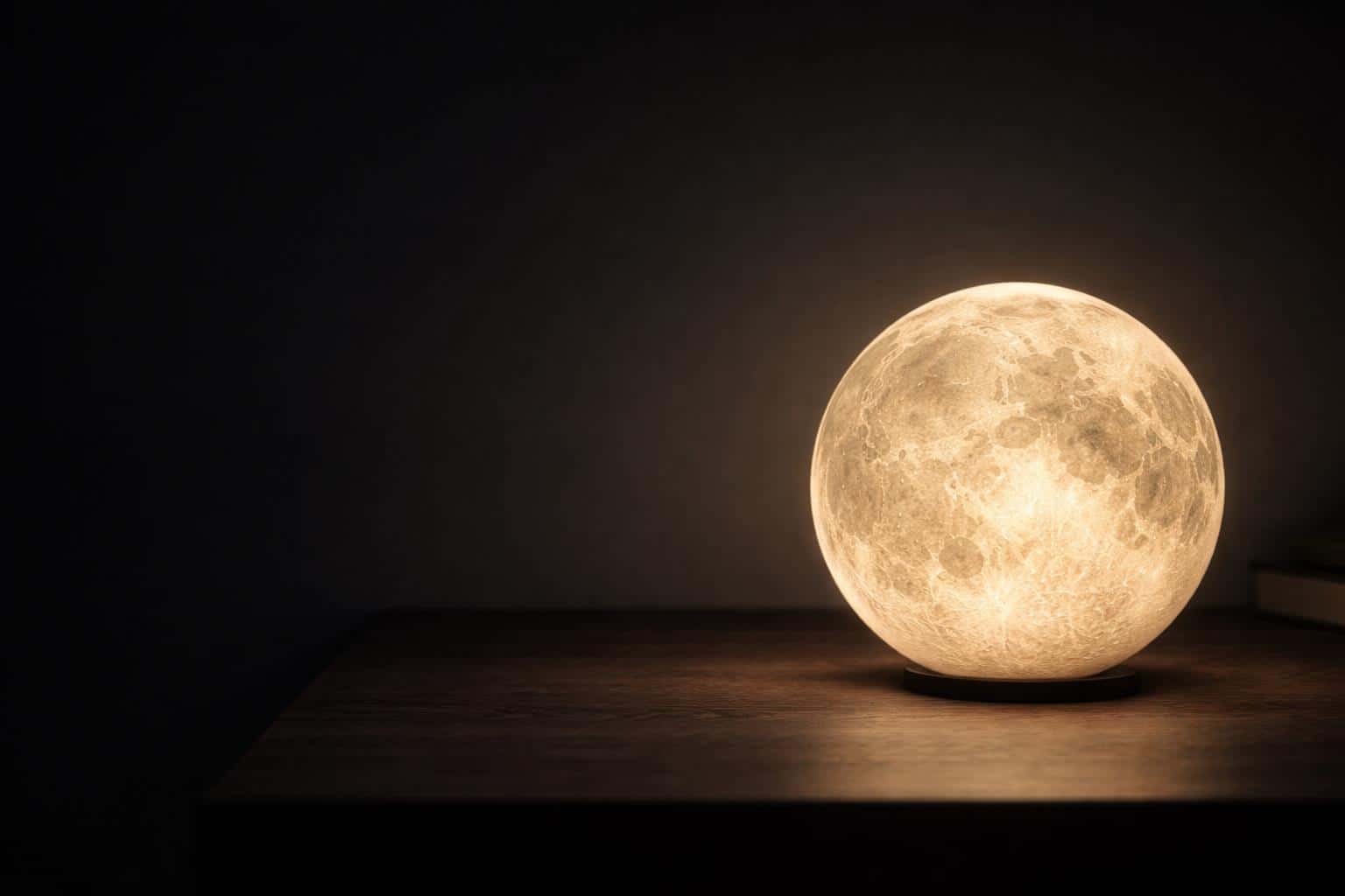 A moon used as a desk lamp photographed as a low-key product still-life with warm lunar glow, deep shadows and ample negative space for wallpaper composition.