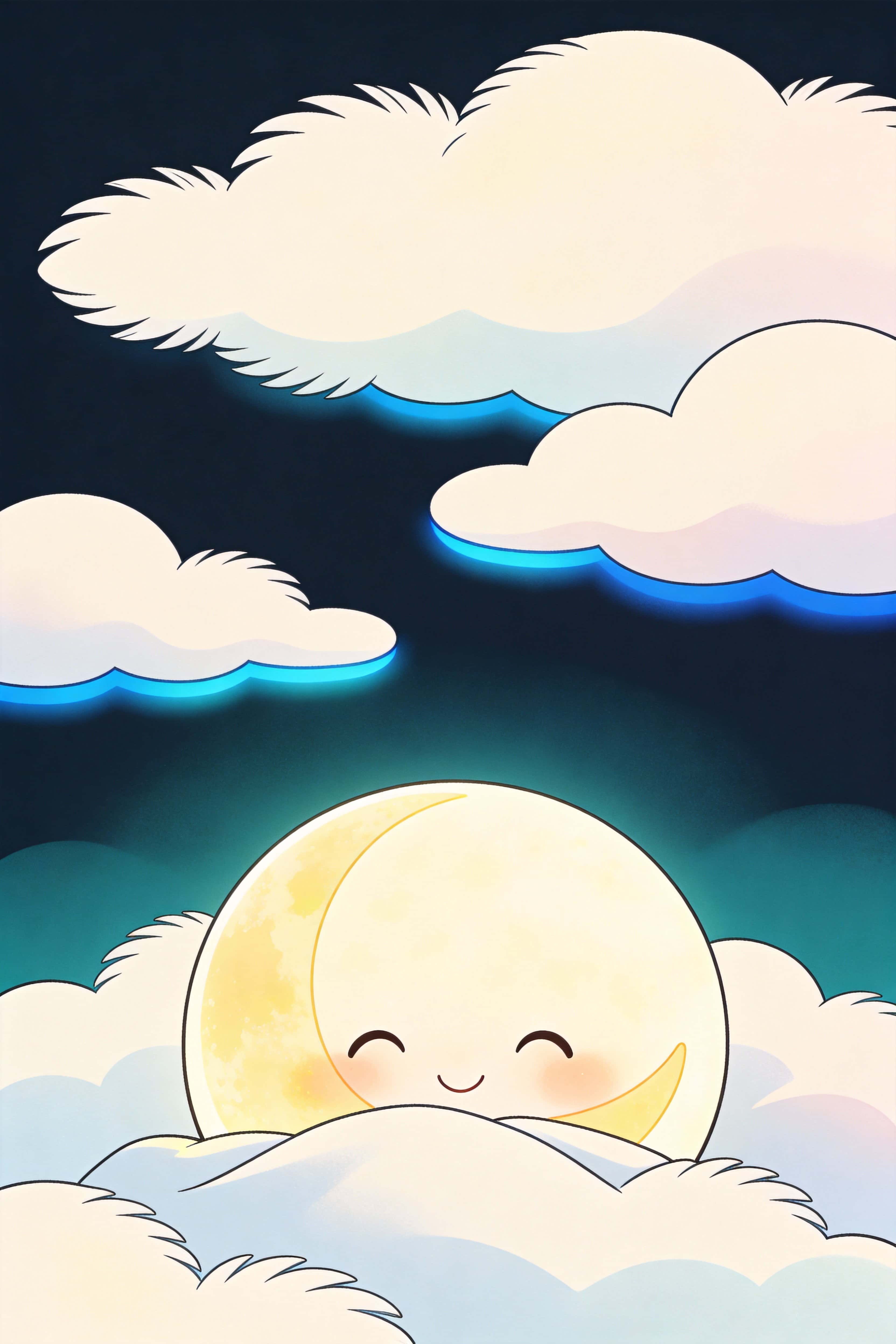 Playful cartoon moon tucked into soft clouds like a blanket, vector illustration composed for a 2:3 portrait poster or wallpaper with gentle shapes and a calming mood.