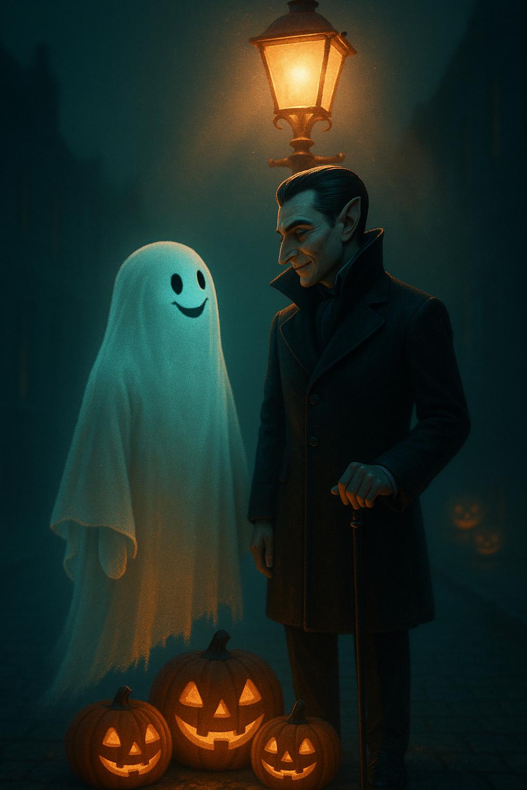 A cinematic vertical portrait of a friendly ghost and a regal vampire sharing a mist-lit street under an old lamp, carved pumpkins flickering at their feet. Warm orange and cool teal collide in rim-lit silhouettes, shallow focus and film grain give the scene a nostalgic, cinematic hush.