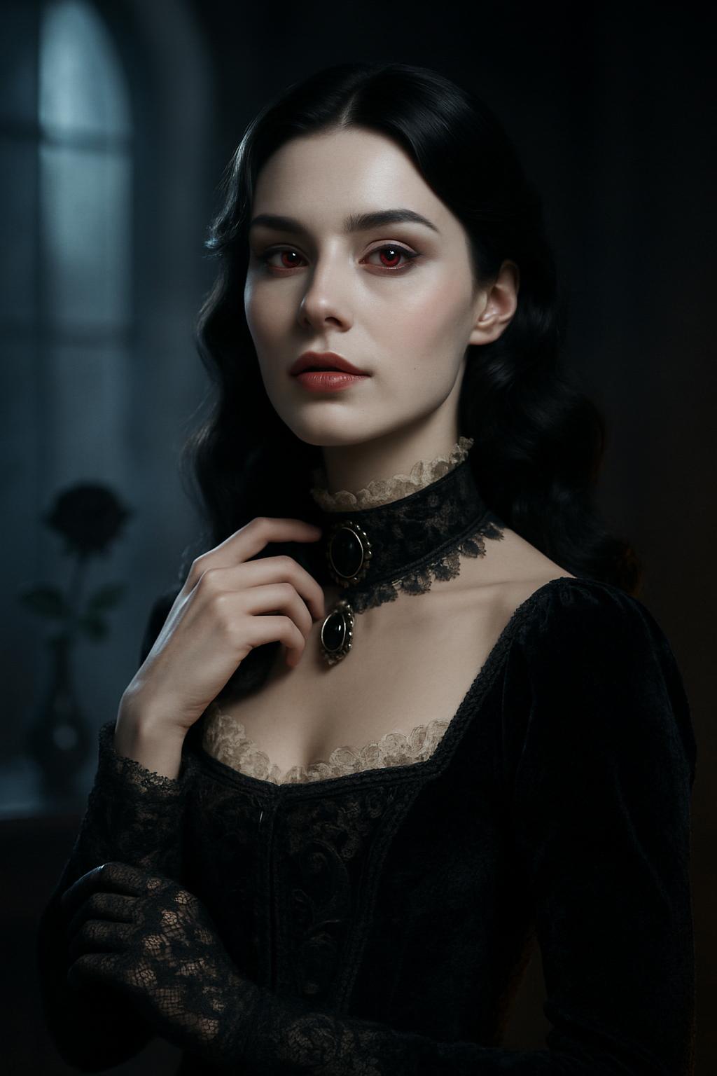 A 20-year-old gothic vampire maiden holds a poised, haunting portrait pose under cold moonlight. Her alabaster skin and wavy ebony hair frame blood-red eyes and dark finery, while luxe textures and cinematic shadows give this advertising photograph an elegant, uncanny presence.