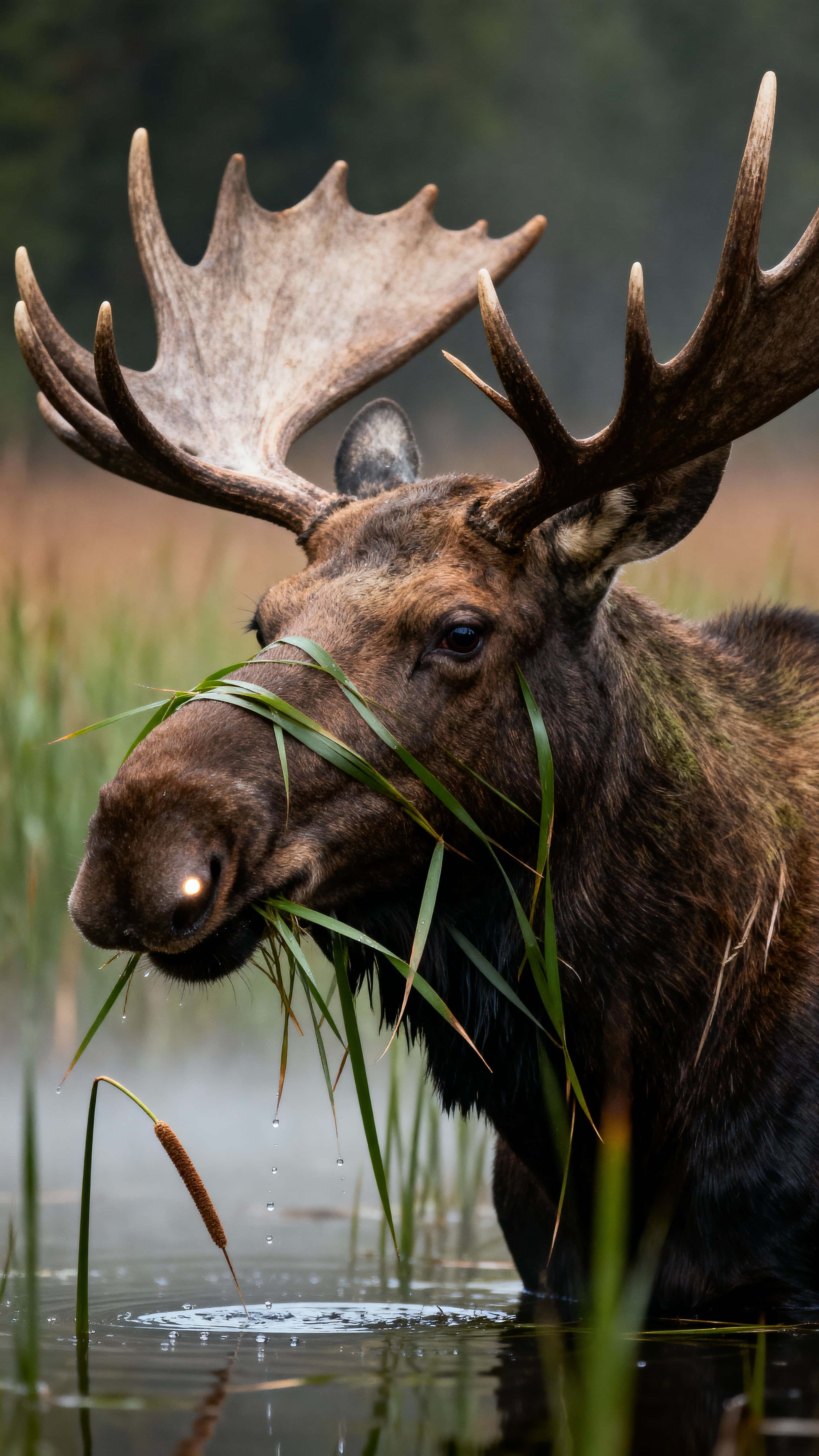 A moose's broad head emerges through dense marsh grass with softened antlers in low green mist, gentle diffuse light revealing textured fur and a reflective nose highlight for a tranquil wallpaper.