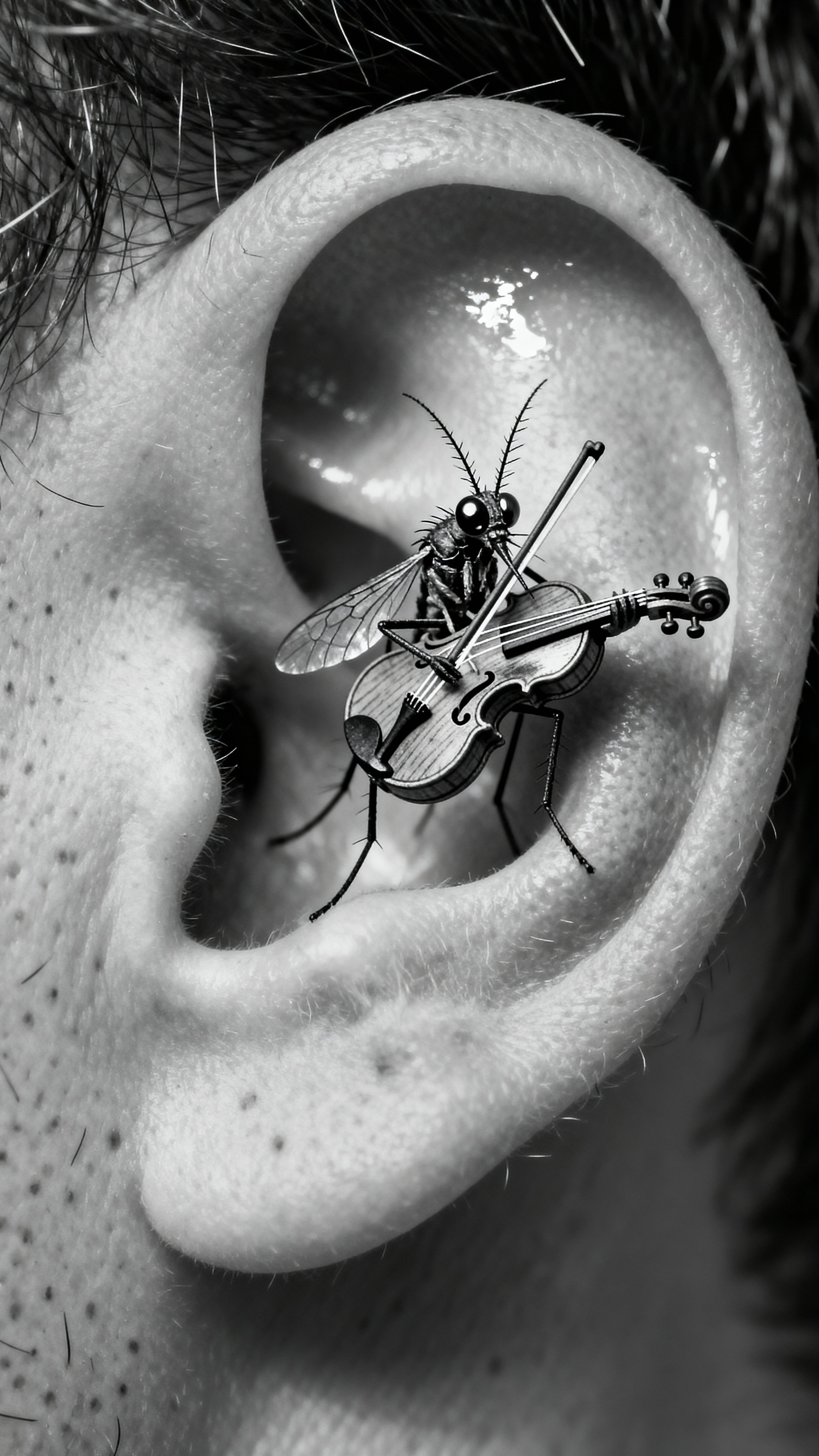 A hyper-realistic black-and-white macro photograph of a mosquito playing a violin inside a human ear, with every hair and insect detail rendered in extreme sharpness and texture.