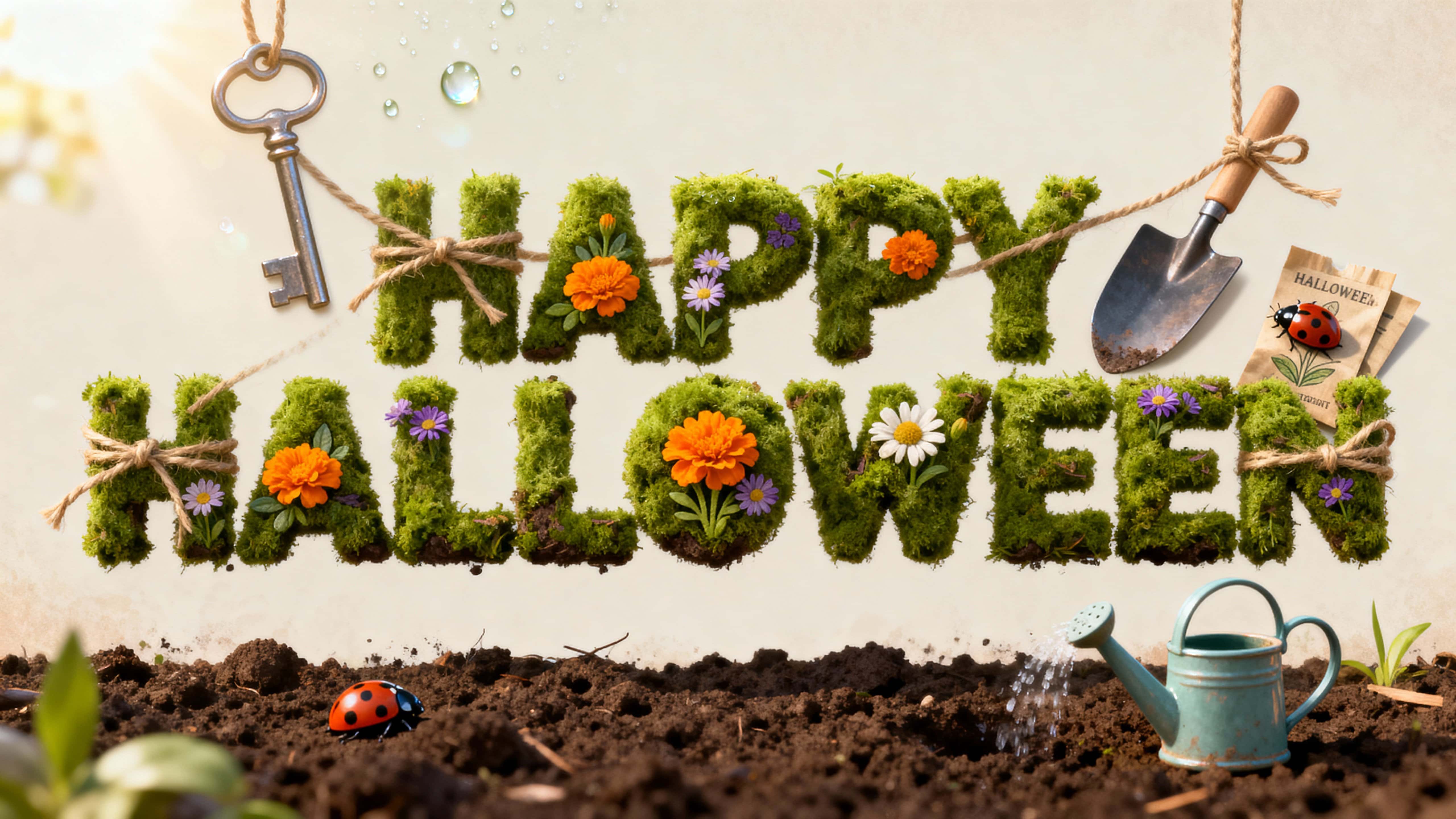 Center-framed moss 'HAPPY HALLOWEEN' letters in a 16:9 photo-real 3D render with marigold and aster inlays, twine ties, tiny tools and ladybugs, dew sparkle and soil baseline, colors #4A7A2B #F29E2E #6B4FBF #8B6A43 #2E2A25 #D7263D.