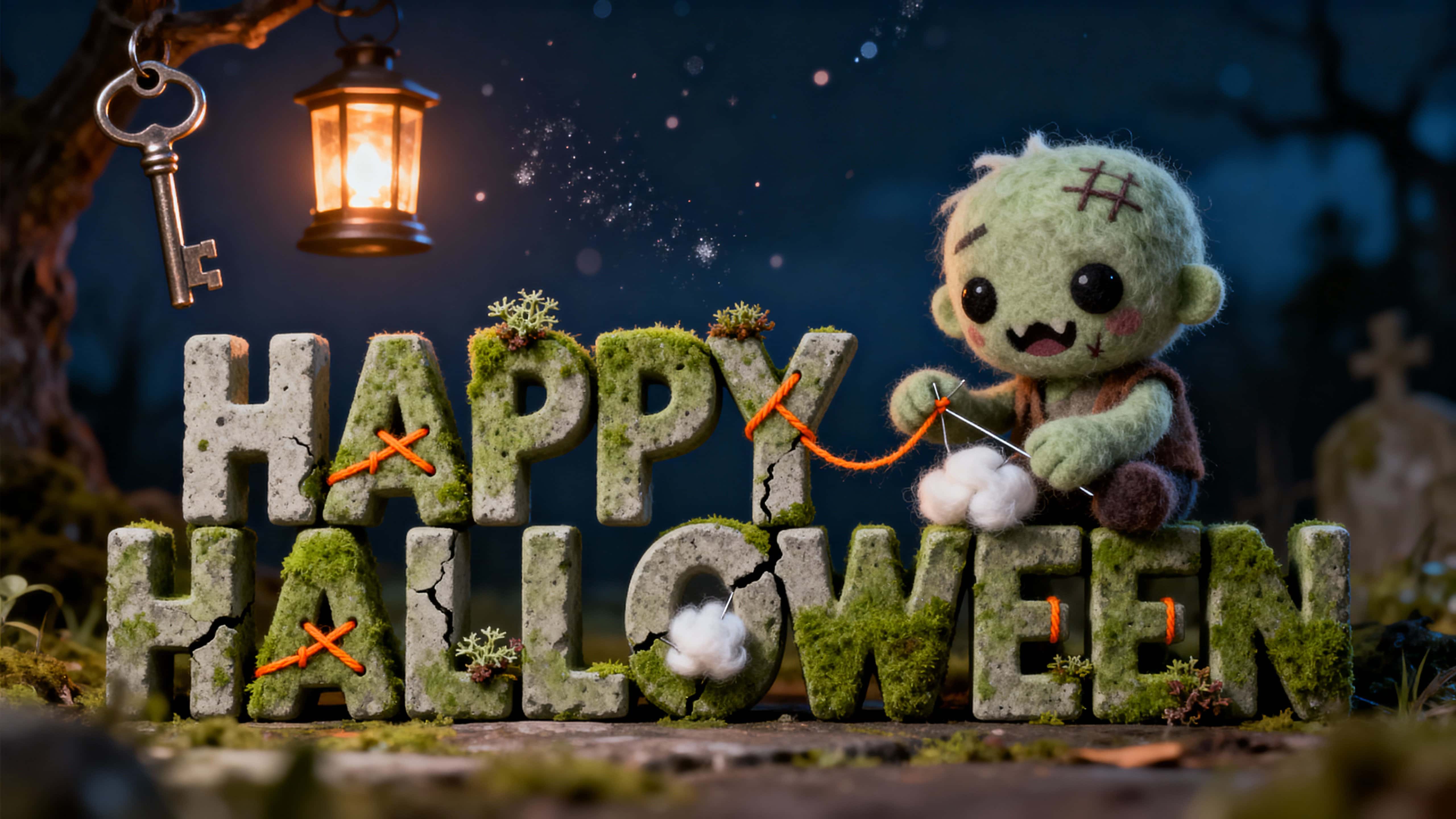 Photo-real 3D render, full-frame 16:9 — 'HAPPY HALLOWEEN' mossy concrete letters stitched with bright safety-thread as a cute mohair zombie sews, cool night and warm lantern accents; colors #5B7A4A #9EA2A6 #FFB300 #FFD27F #102542 #FFFFFF.