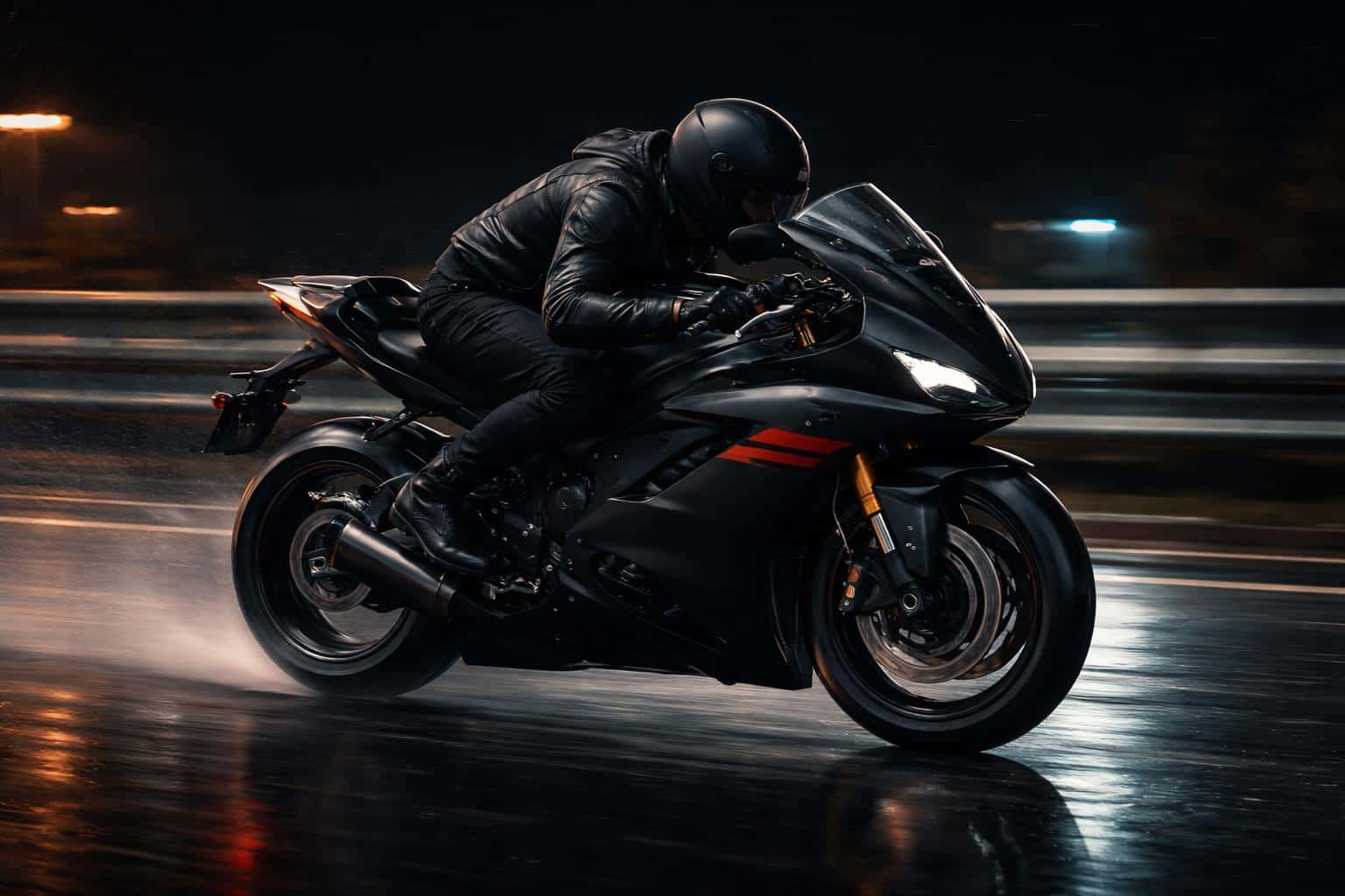 Wide 3:2 cinematic editorial photograph of a matte-black 2019 Yamaha YZF-R6 with a single red accent streak, rider tucked low, classic panning blur, wet asphalt reflections and amber-teal toning.