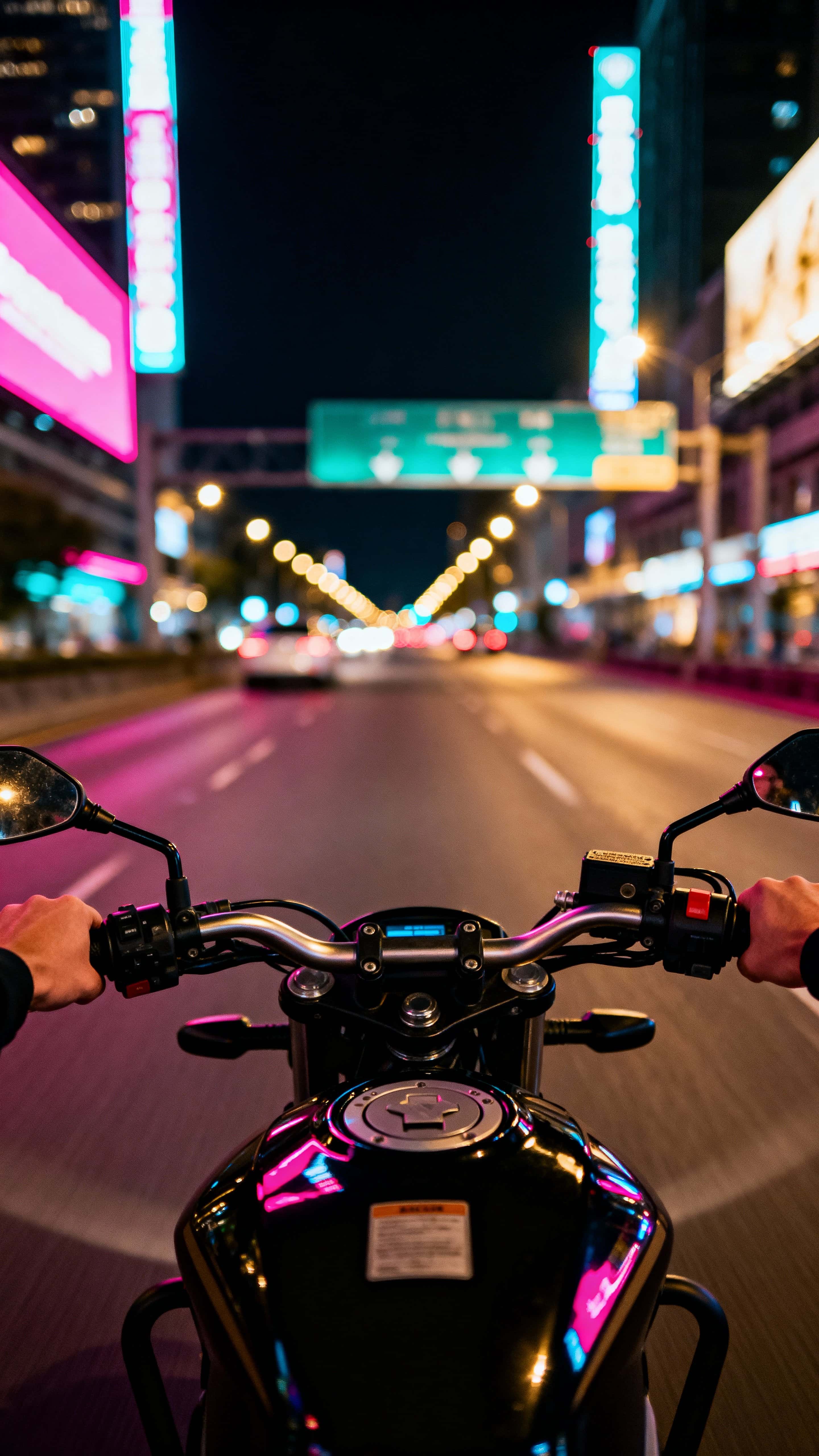 POV motorcycle night ride through a neon-lit city, crisp foreground hands on handlebars and reflective fuel tank with pink, teal and gold billboards, distant traffic softened into bokeh.