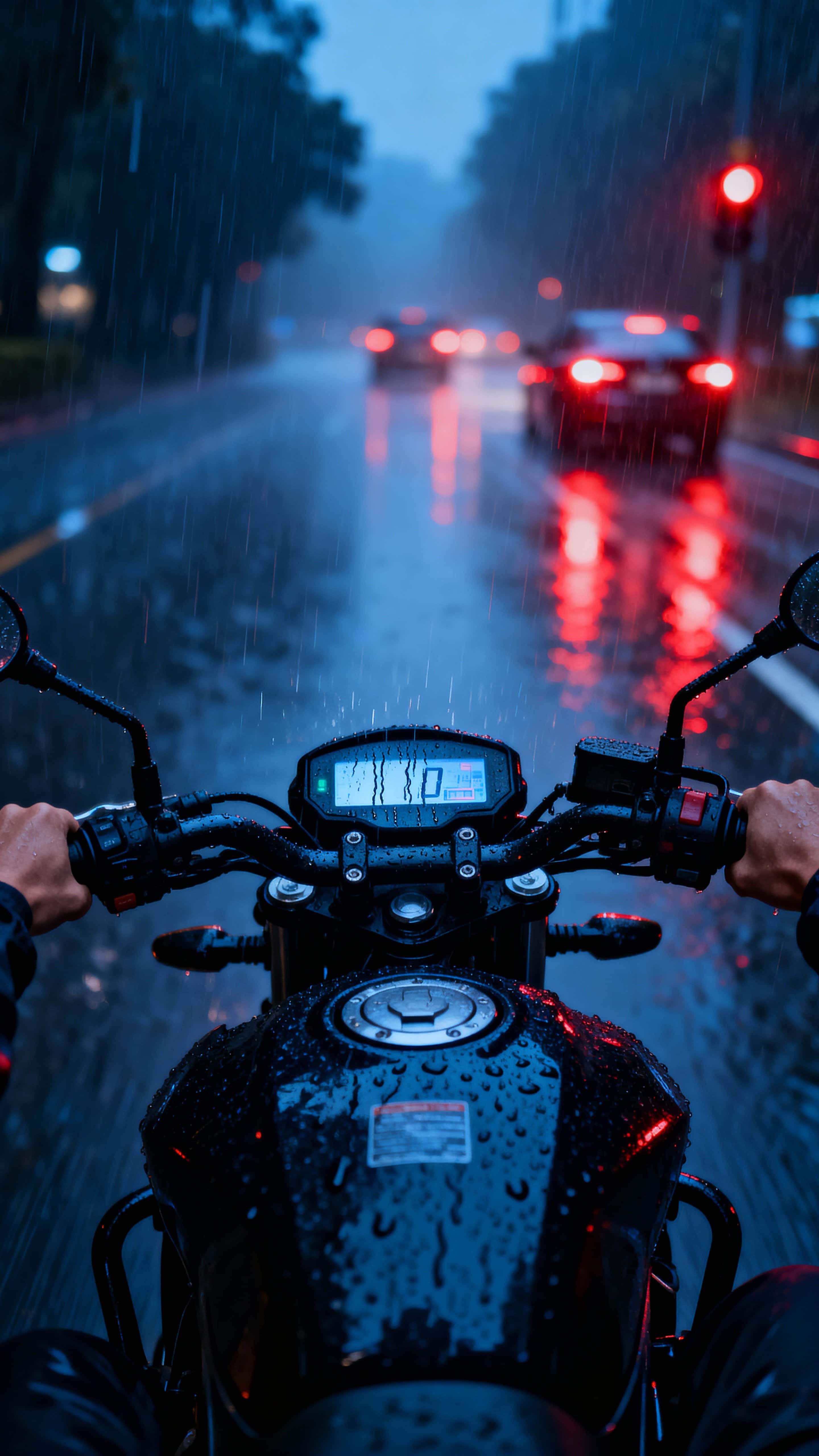 A nighttime POV motorcycle ride in heavy rain with droplets on the tank and wet handlebars, faint streaks on the digital display, traffic light reflections and misty background.