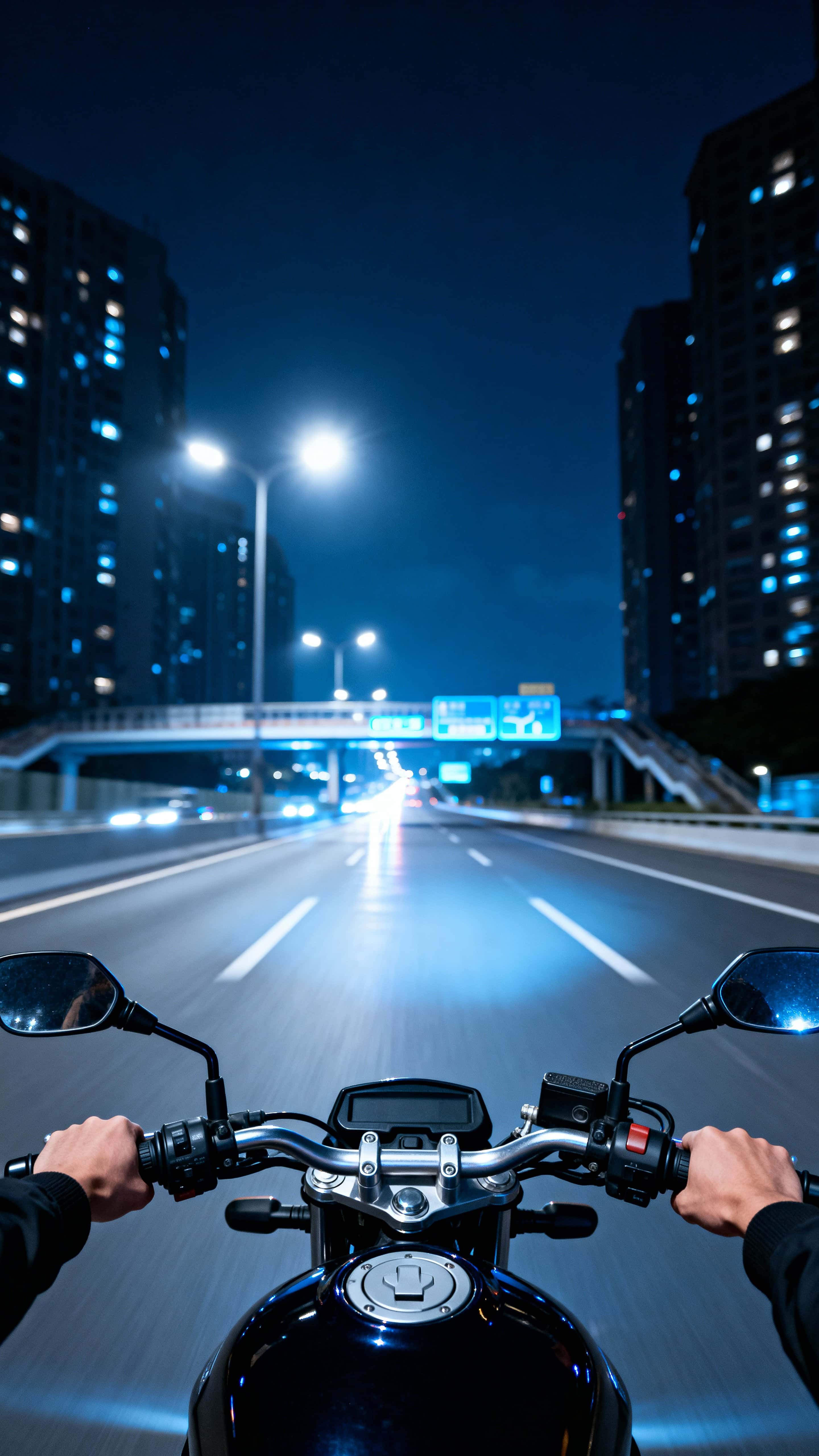 A photorealistic POV of riding a motorcycle on a night city expressway under cool blue-white streetlights, hands gripping the bars and reflections sliding across the glossy fuel tank while distant headlights streak and tall buildings blur,