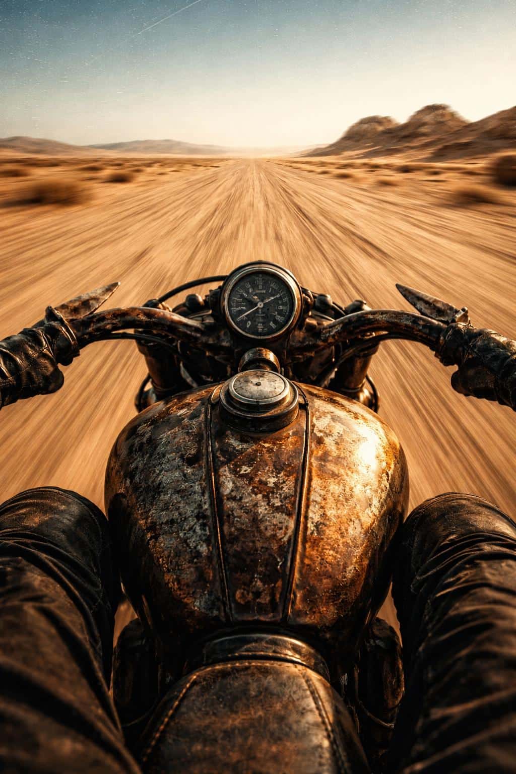 First-person view of a rusted motorcycle racing across a sandy desert, captured as a gritty editorial photograph with strong motion blur and poster-ready composition.