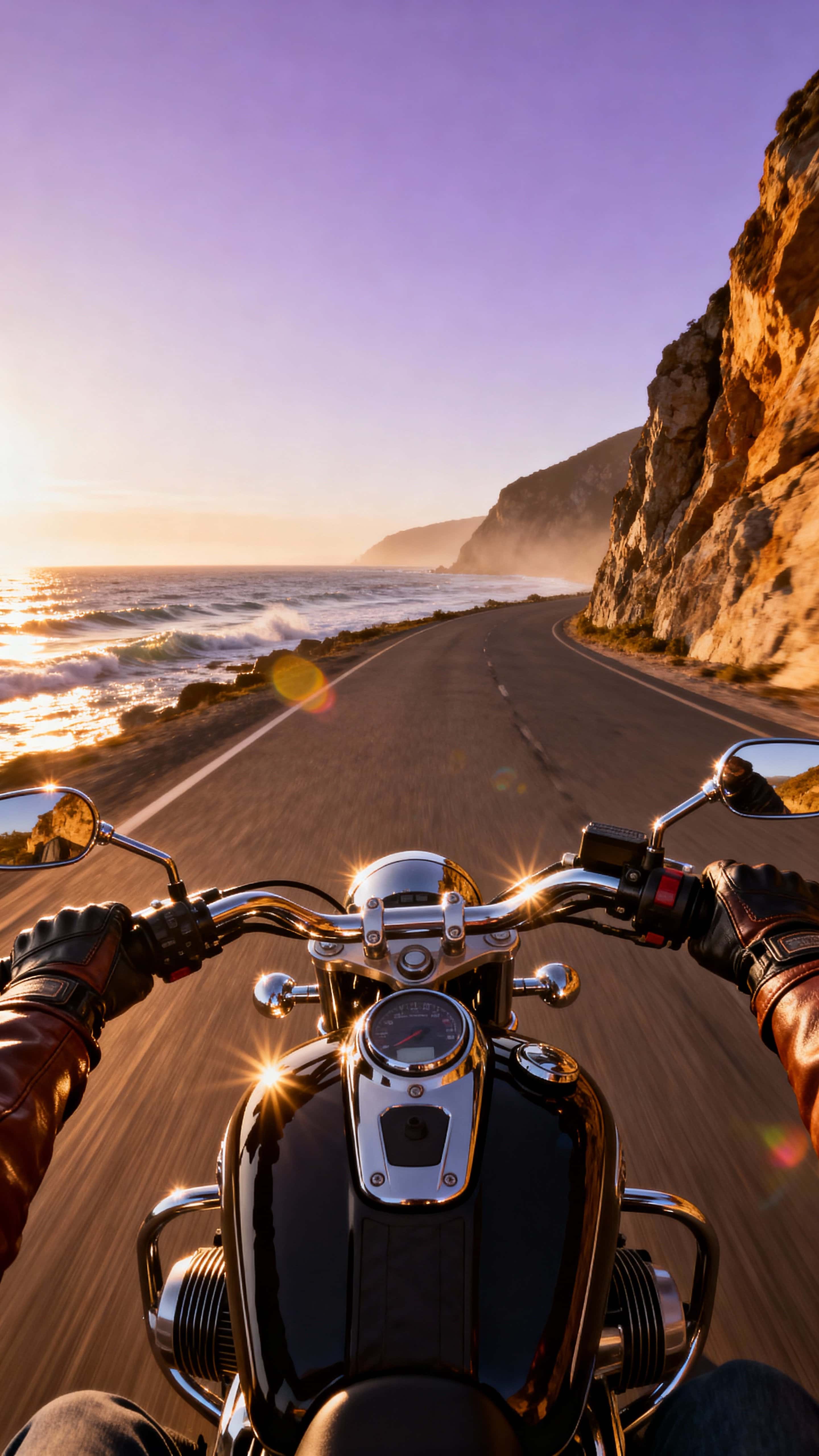 Photorealistic motorcycle POV on a 9:16 coastal highway at golden hour, rider's hands on sunlit handlebars and tank, shimmering ocean left and cliffs right under orange-to-lavender sky.