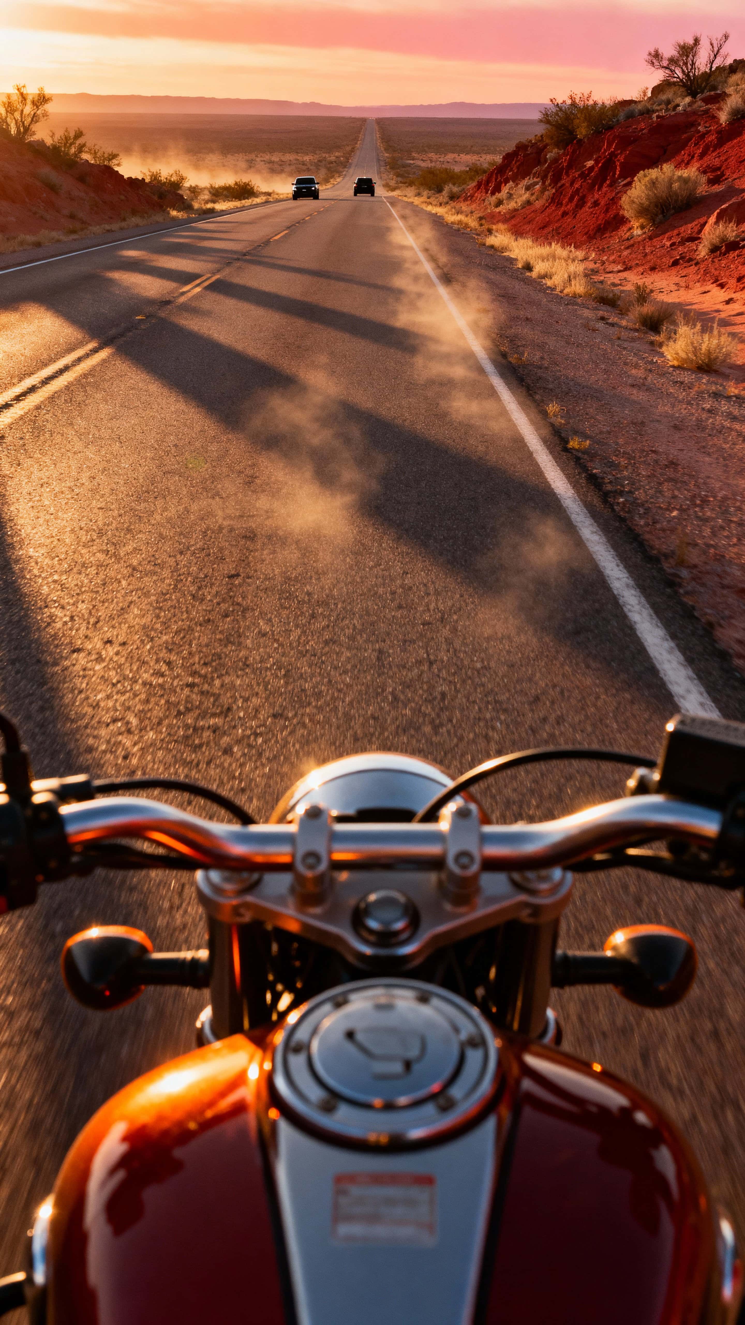 Motorcycle POV on a sunlit desert highway at late afternoon, warm light on handlebars and fuel tank, long empty road stretching to the horizon with sparse distant cars.