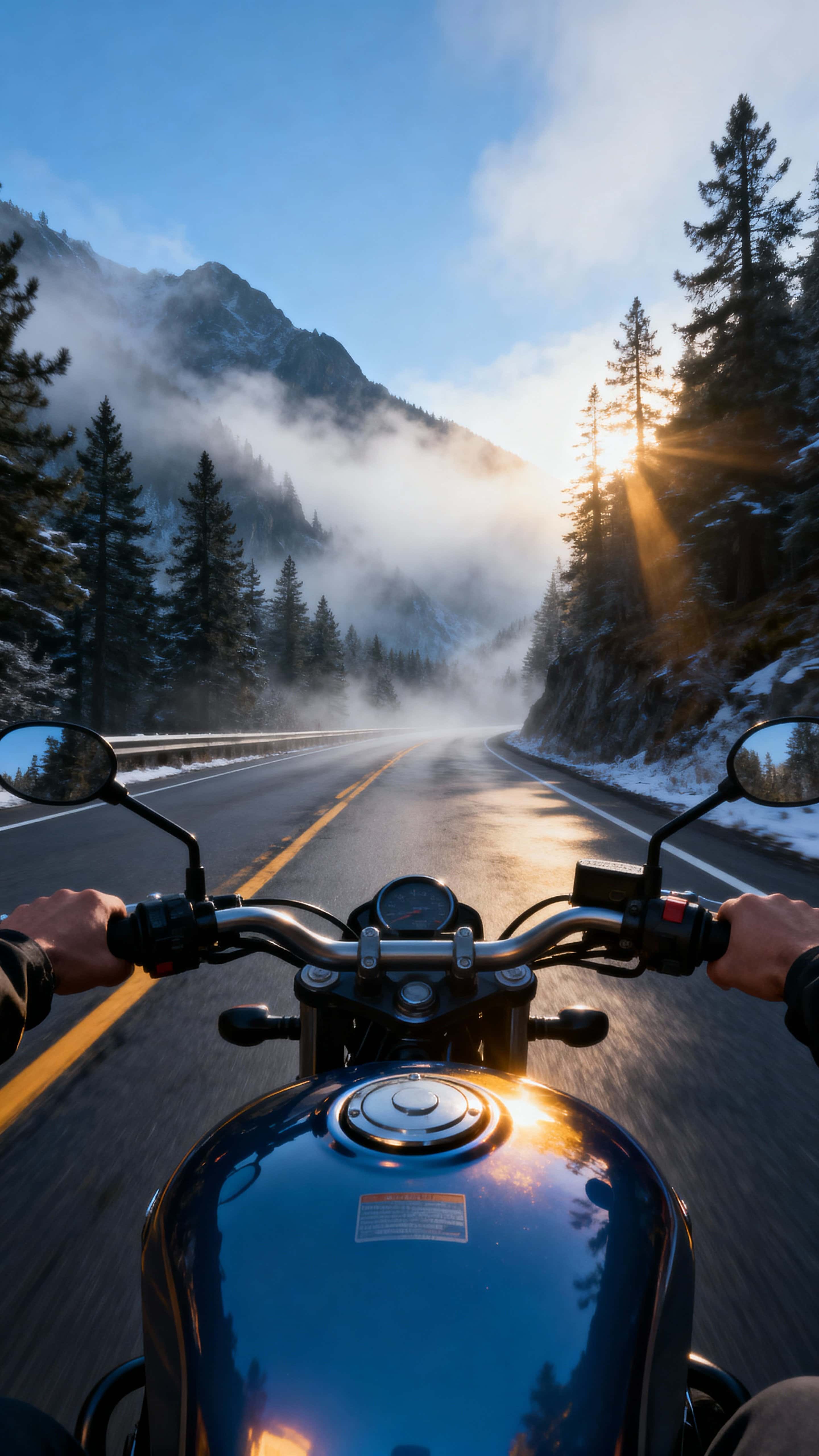 A photorealistic 9:16 motorcycle POV on a mountain highway at crisp morning, hands on the handlebars and light on the tank, pine forests flank the road while fog drifts between cool-blue peaks.