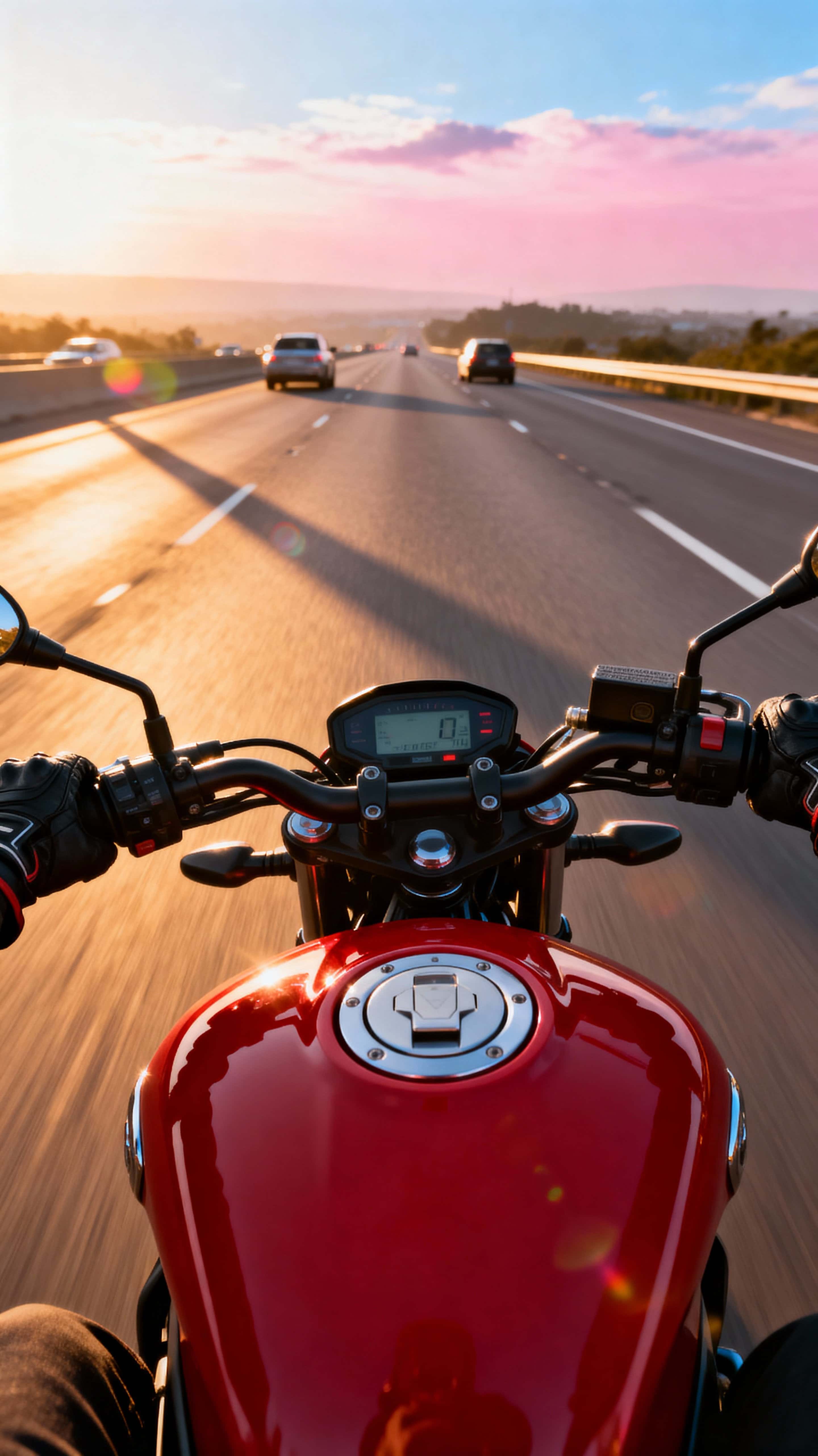 Photorealistic POV of a motorcyclist gripping handlebars on a wide highway at sunrise, warm light and long shadows, red fuel tank and display sharp in foreground.