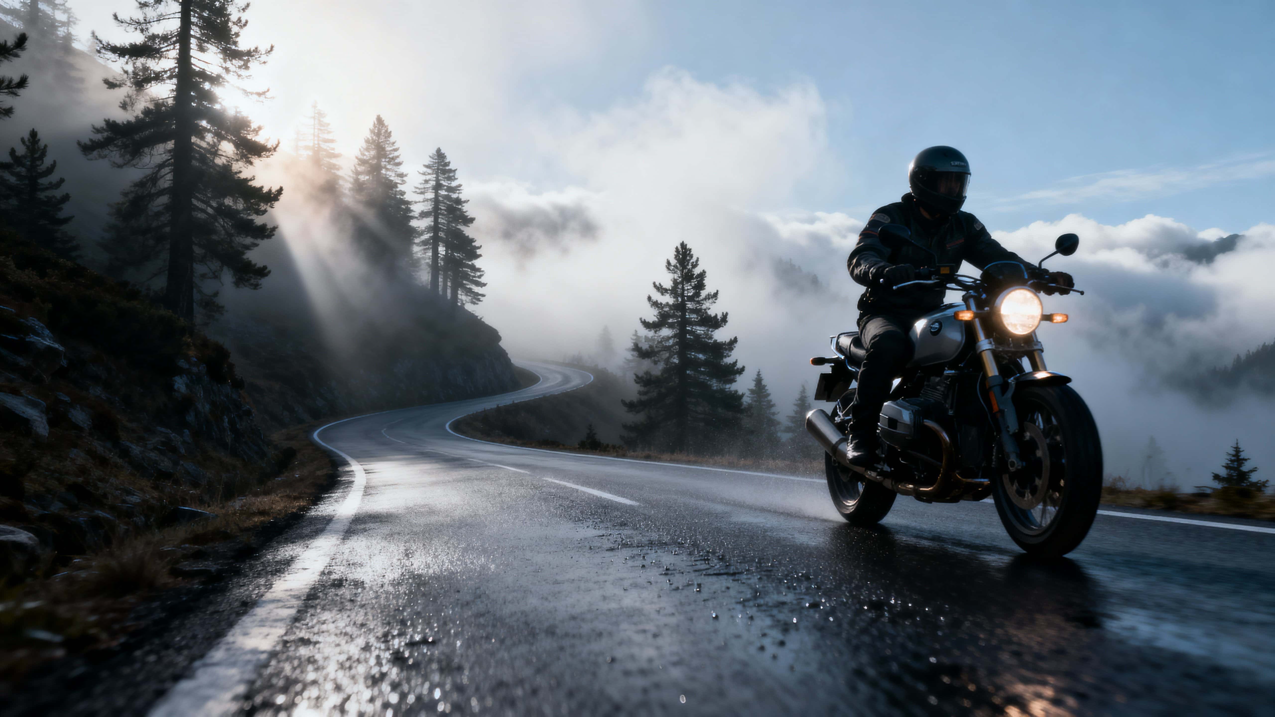 A lone motorcyclist rides a winding mountain road at dawn through thick fog and pines, headlights cutting the mist while cool grey-blue tones and moist asphalt create a moody cinematic scene.