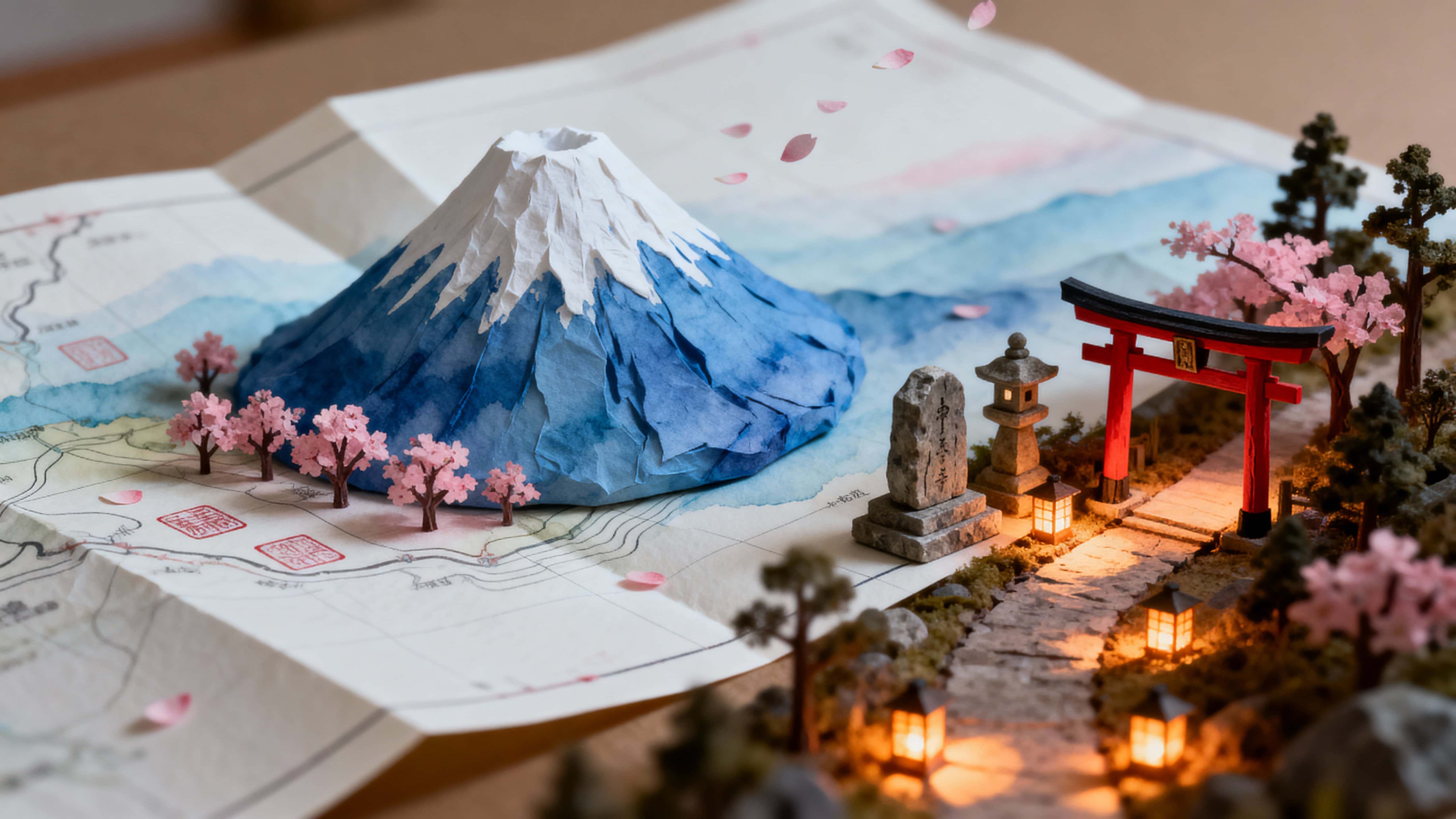 A handcrafted diorama shows Mount Fuji rising from a paper map in soft blue, ringed by tiny pink cherry trees, a small stone shrine, a red torii gate and glowing lanterns along the miniature path.