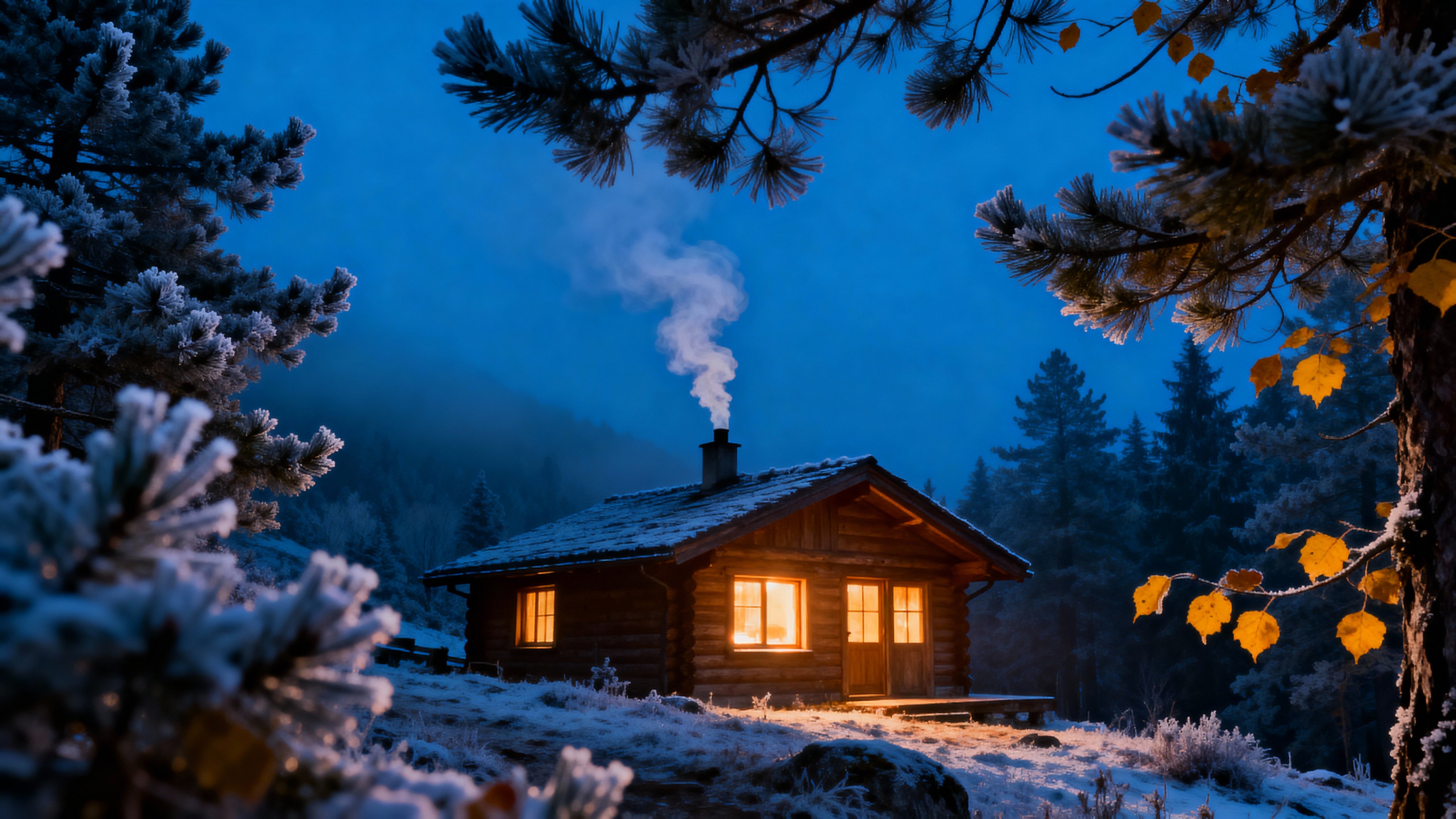 A wide, slightly elevated view of a mountain cabin at dusk with amber window glow, curling chimney smoke, frost-dusted pines and golden leaves against deep blue evening tones (#0B2345, #FFB84D, #1F5A37, #D7EEF0, #8B5A2B).