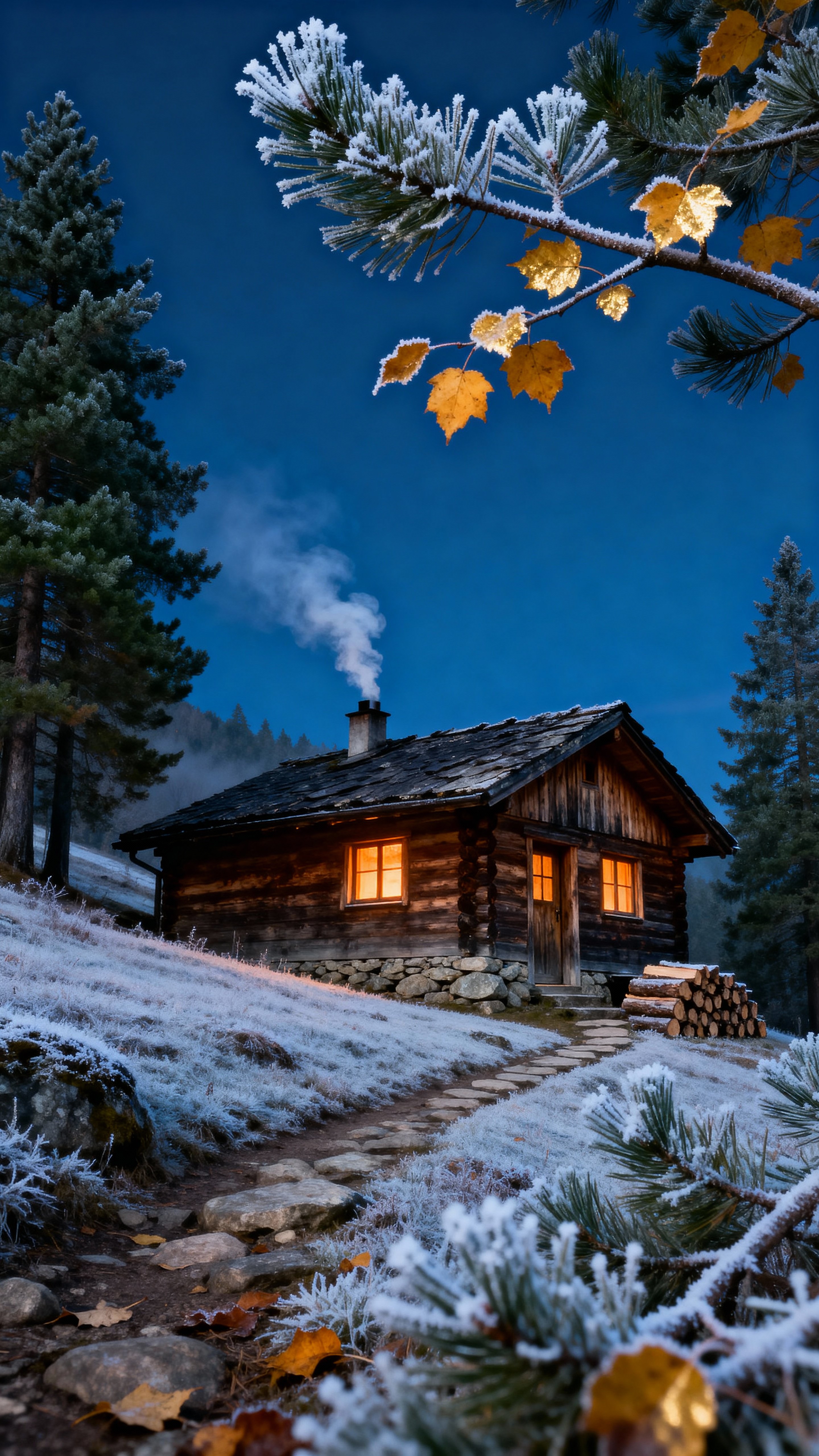 A serene mountain cabin at dusk with smoke curling from the chimney and warm amber windows against deep blue twilight, framed by frost-dusted pines and a few golden leaves.