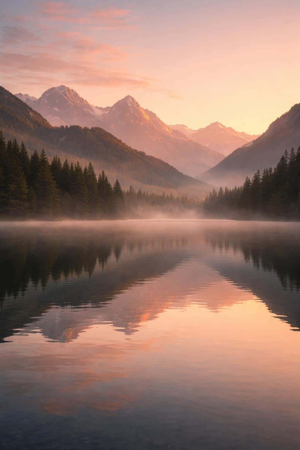 Calm mountain lake at sunrise captured as a landscape photograph in a 2:3 vertical crop, with soft mirror reflections, low mist, and a serene color balance suitable for wallpaper.