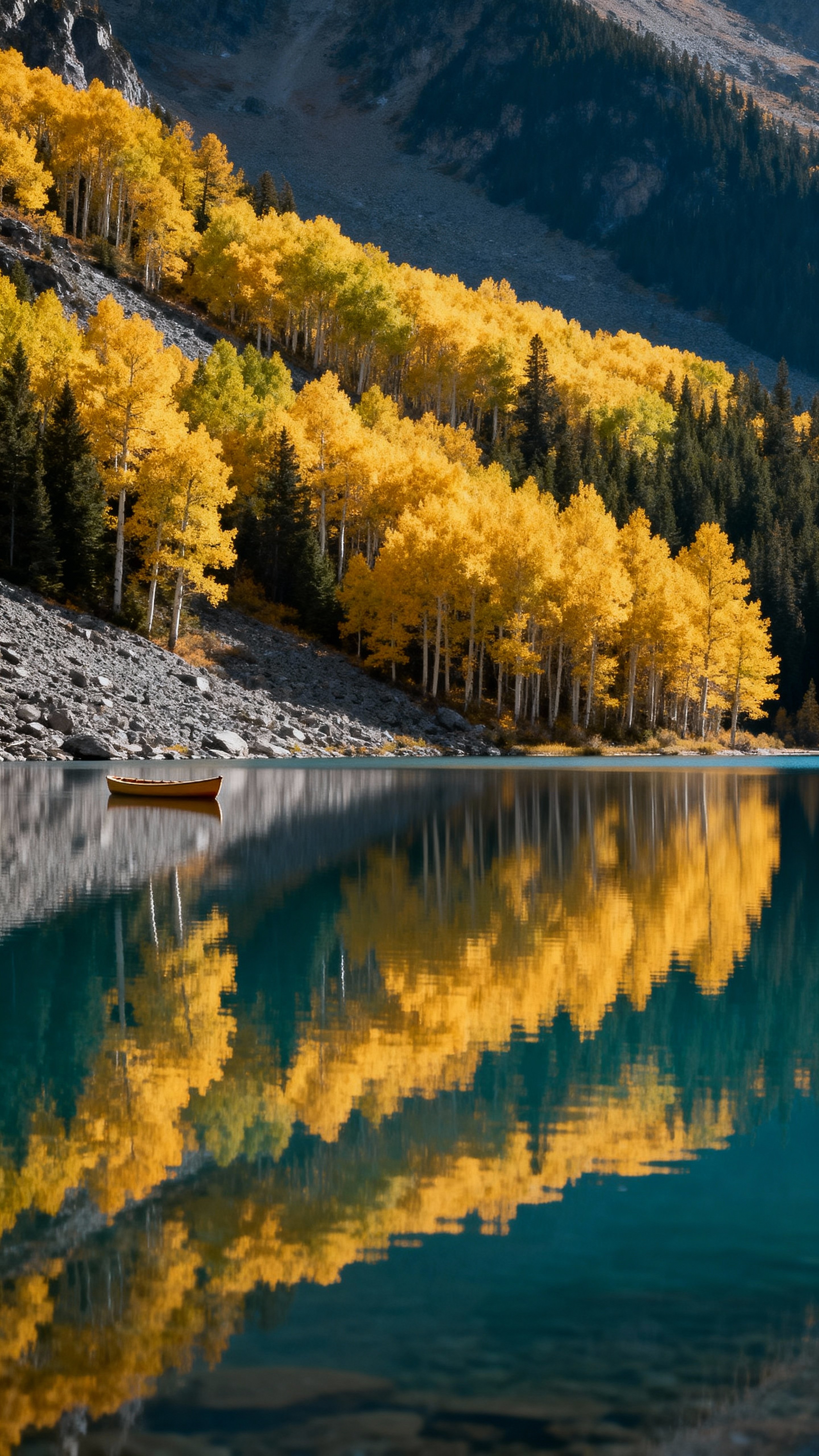 A still mountain lake reflects bands of gold aspens and sap-green shorelines, a lone canoe distant on glassy deep-cyan water beneath a clean stone-gray sky.