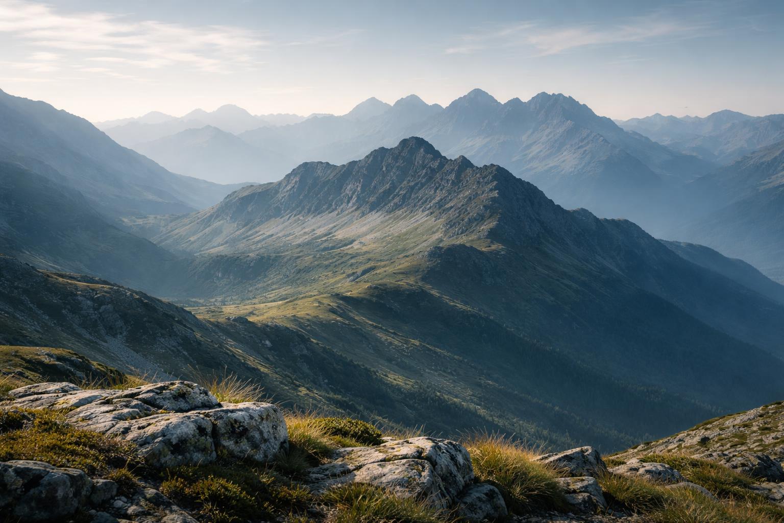 Wide mountain landscape photographed in soft morning light, composed for a 3:2 wallpaper ratio with panoramic framing, layered depth, and gentle atmospheric haze.