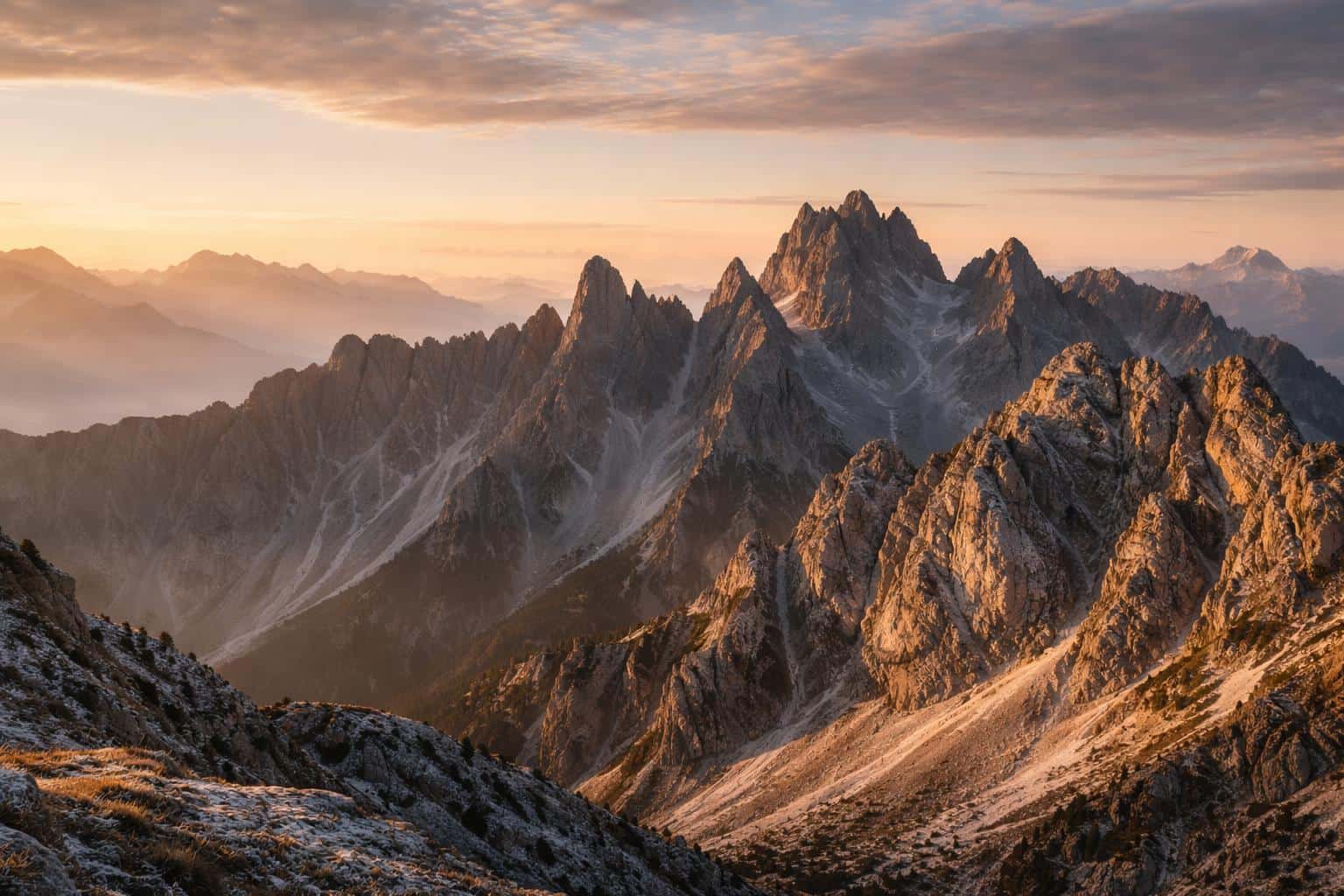 Wide mountain range at sunrise rendered as refined landscape photography for a 3:2 wallpaper or poster, with warm side light, layered peaks and soft cloud cover.