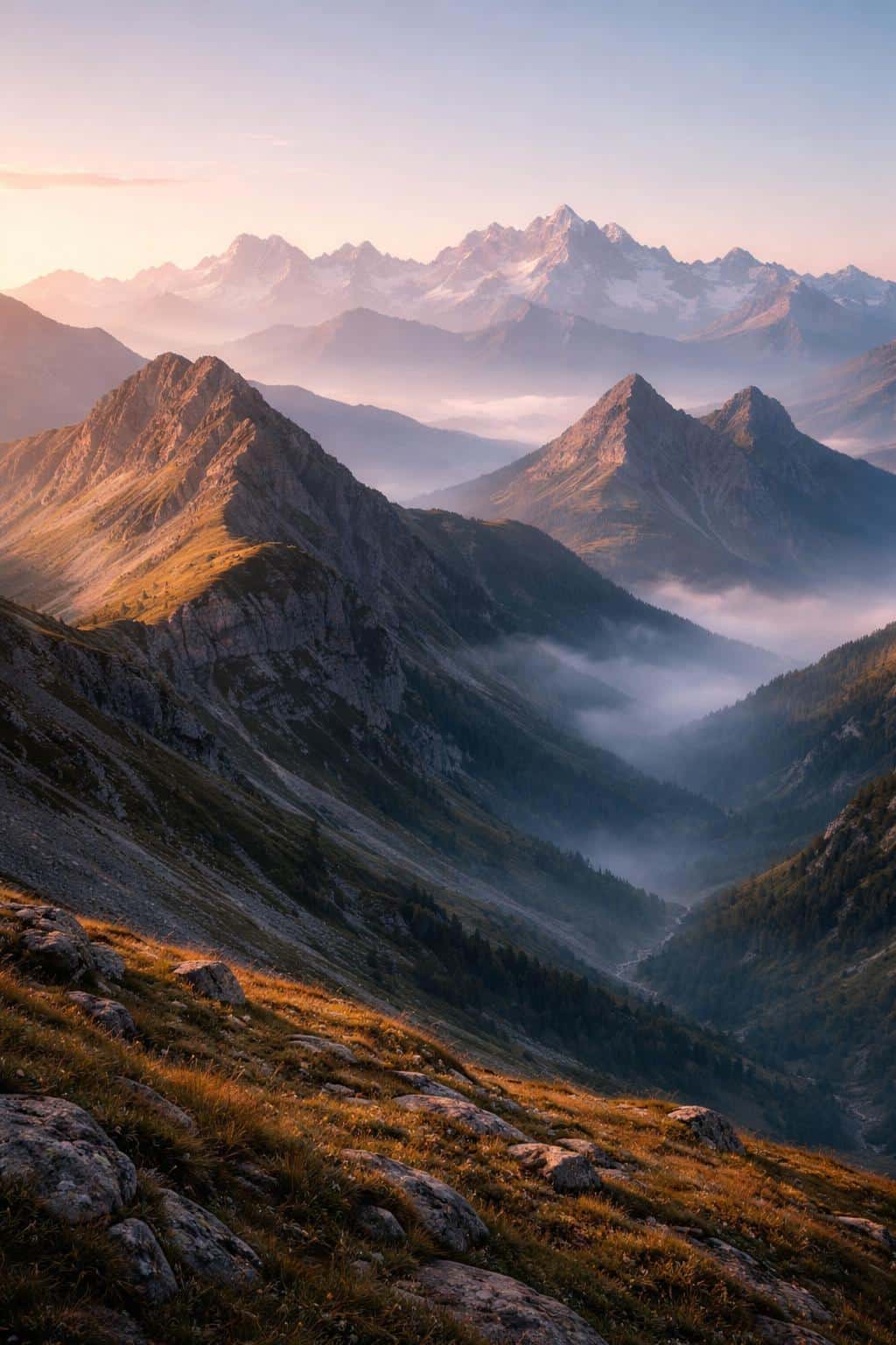 Wide vertical 2:3 mountain range at soft sunrise, composed for a wallpaper with layered ridgelines, gentle mist, warm low-angle light, and clear atmospheric depth.