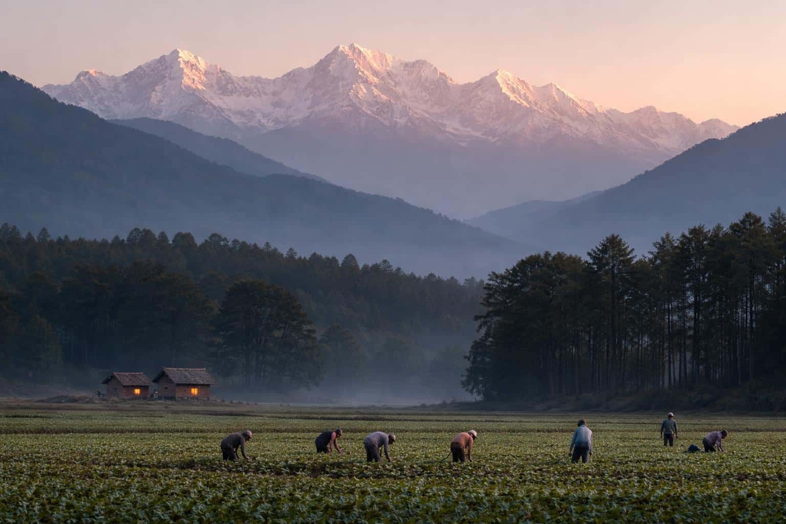 Wide 3:2 landscape photograph of Himalayan snow peaks above layered foothills and a low foreground of field workers, framed for poster-cover or wallpaper use with fidelity to the reference composition.