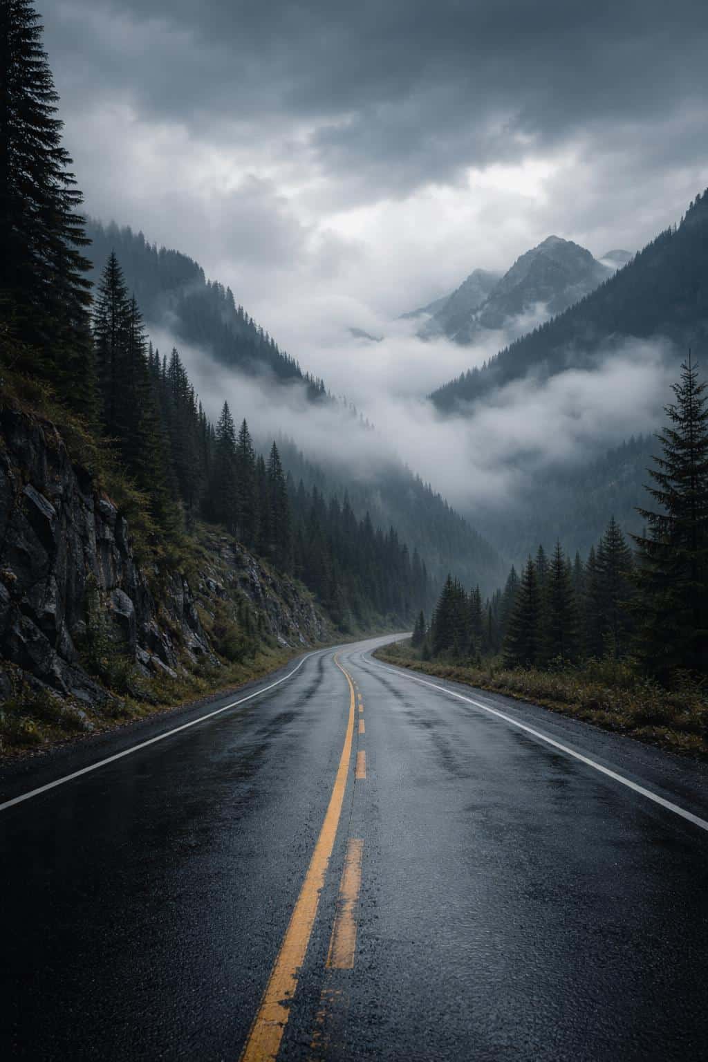 A 2:3 wallpaper-style landscape photograph of a mountain road disappearing into low clouds, captured with moody overcast light and deep tonal range for a poster feel.