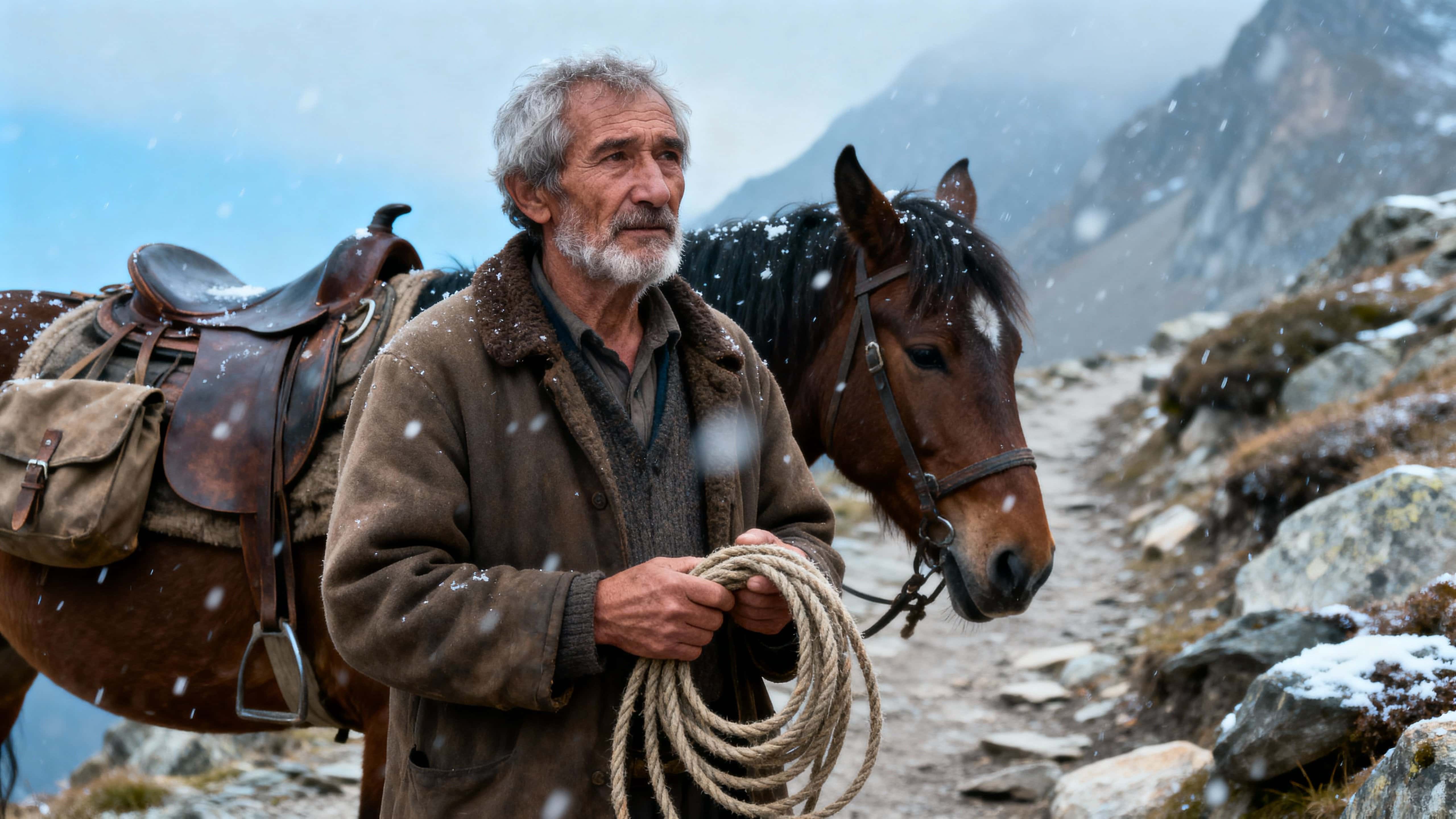 A mountain shepherd stands beside his horse on a rocky 16:9 trail with snow dust in the air, clothing textures and rope visible, framed for cinematic, earthy storytelling realism.